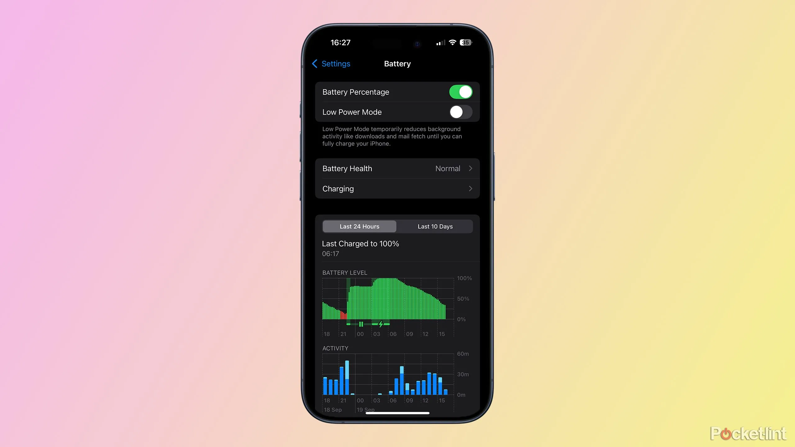 Ảnh chụp màn hình cài đặt Pin trên iOS 18, minh họa các tính năng quản lý pin hiện có