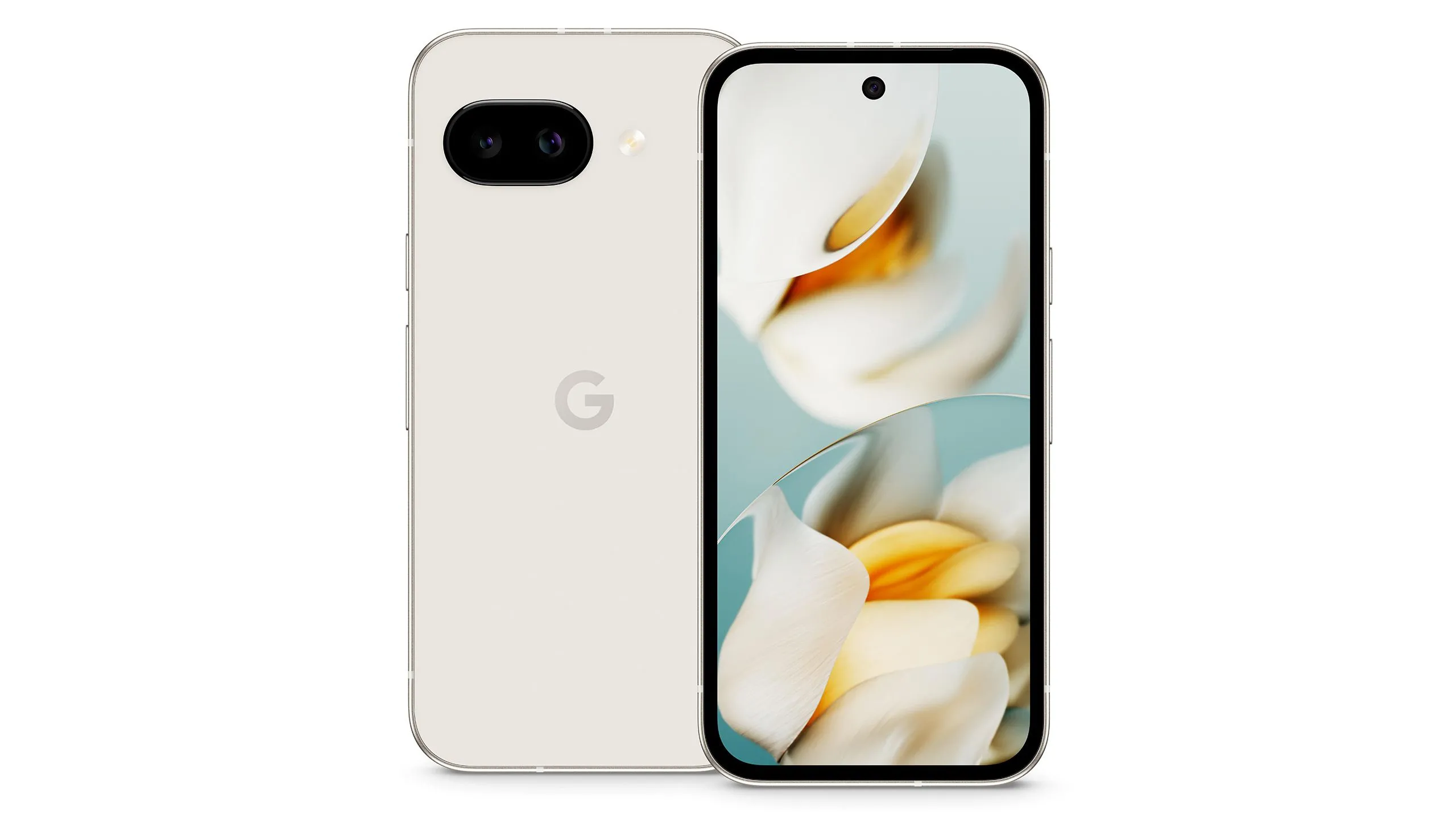 Điện thoại Google Pixel 9a màu Iris và Obsidian đặt cạnh nhau