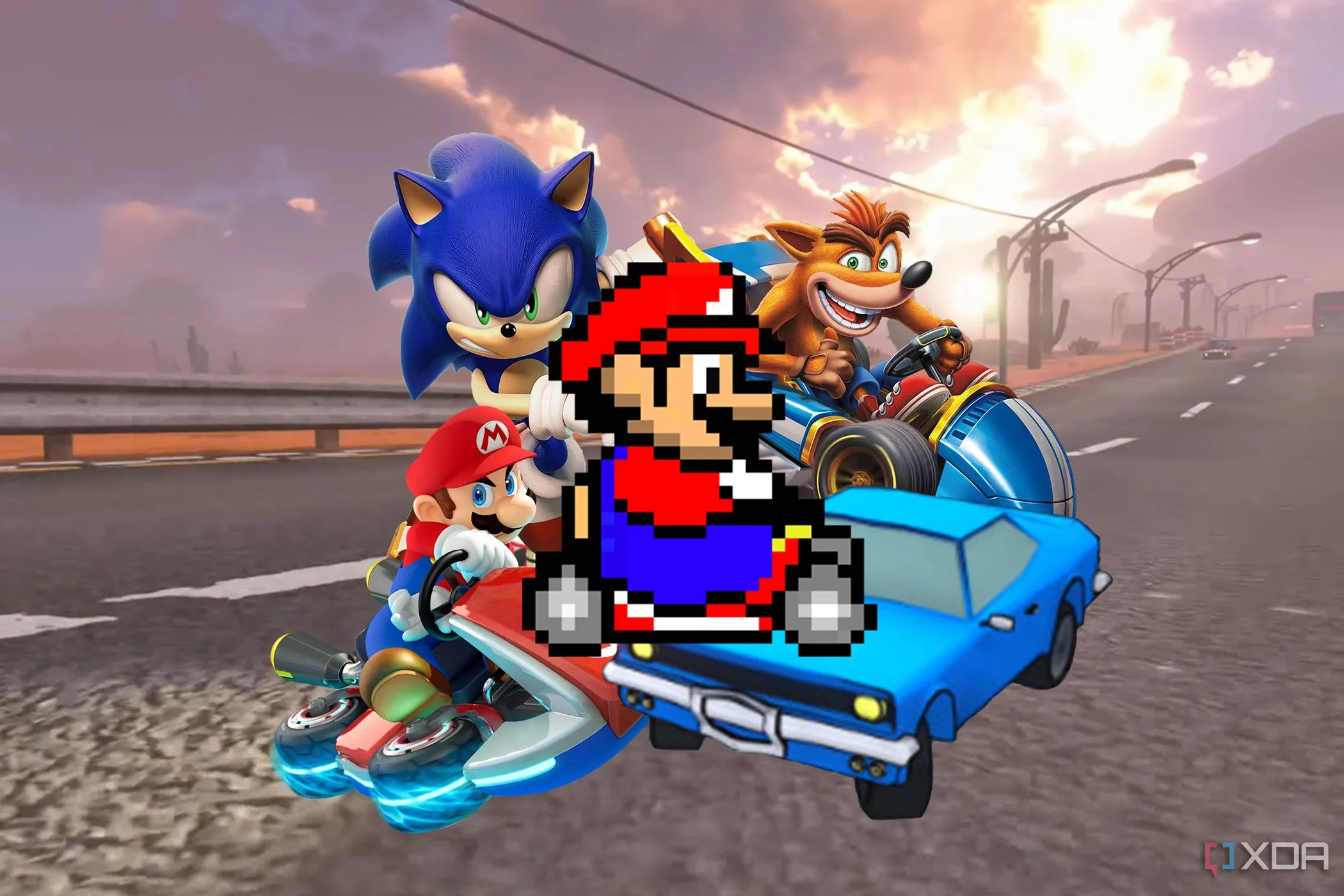Đường đua Mario Kart World với Sonic, Mario, Crash và Flex Riders
