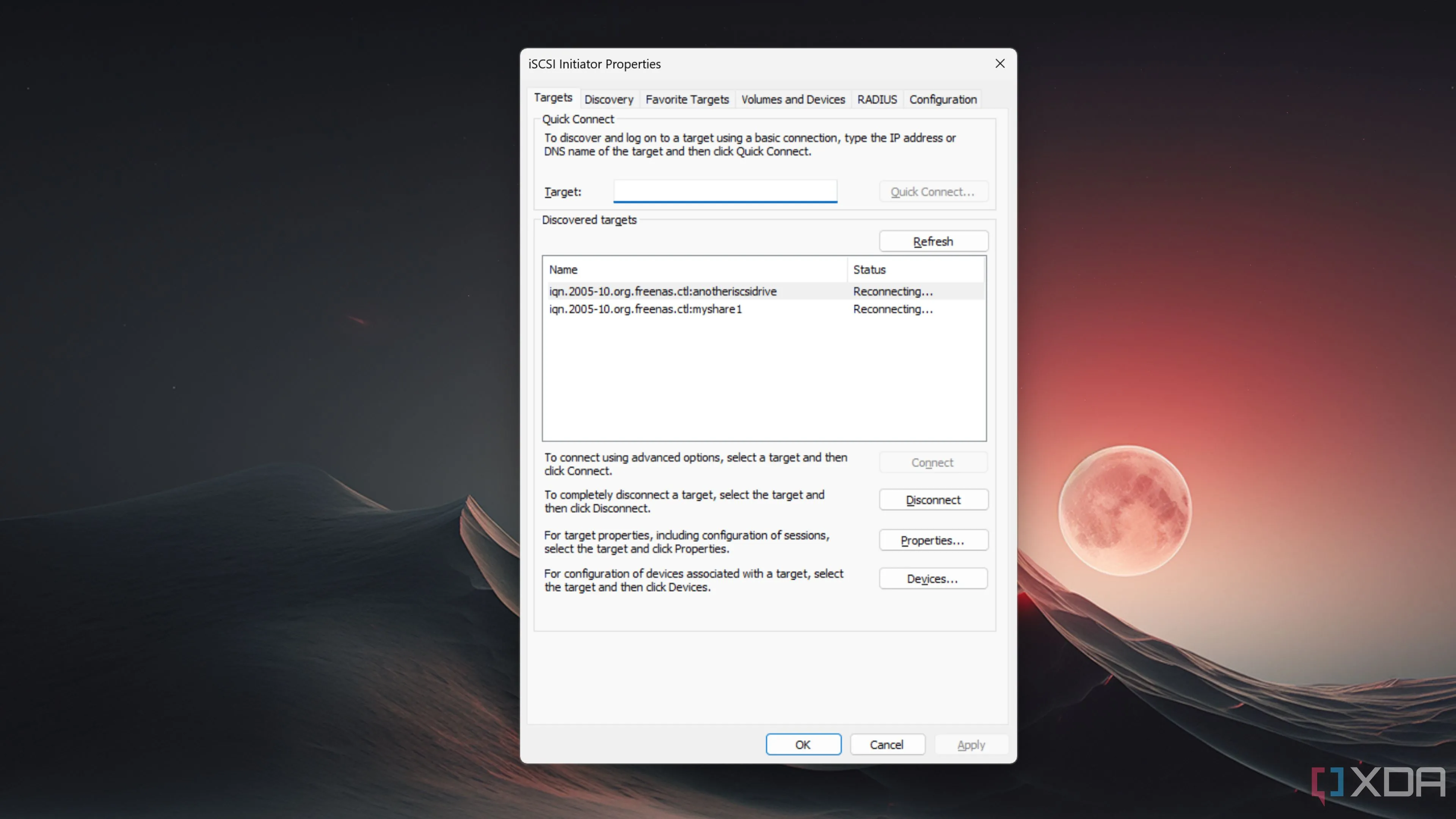 Giao diện iSCSI Initiator trên Windows 11, cho thấy ổ đĩa mạng iSCSI được kết nối thành công