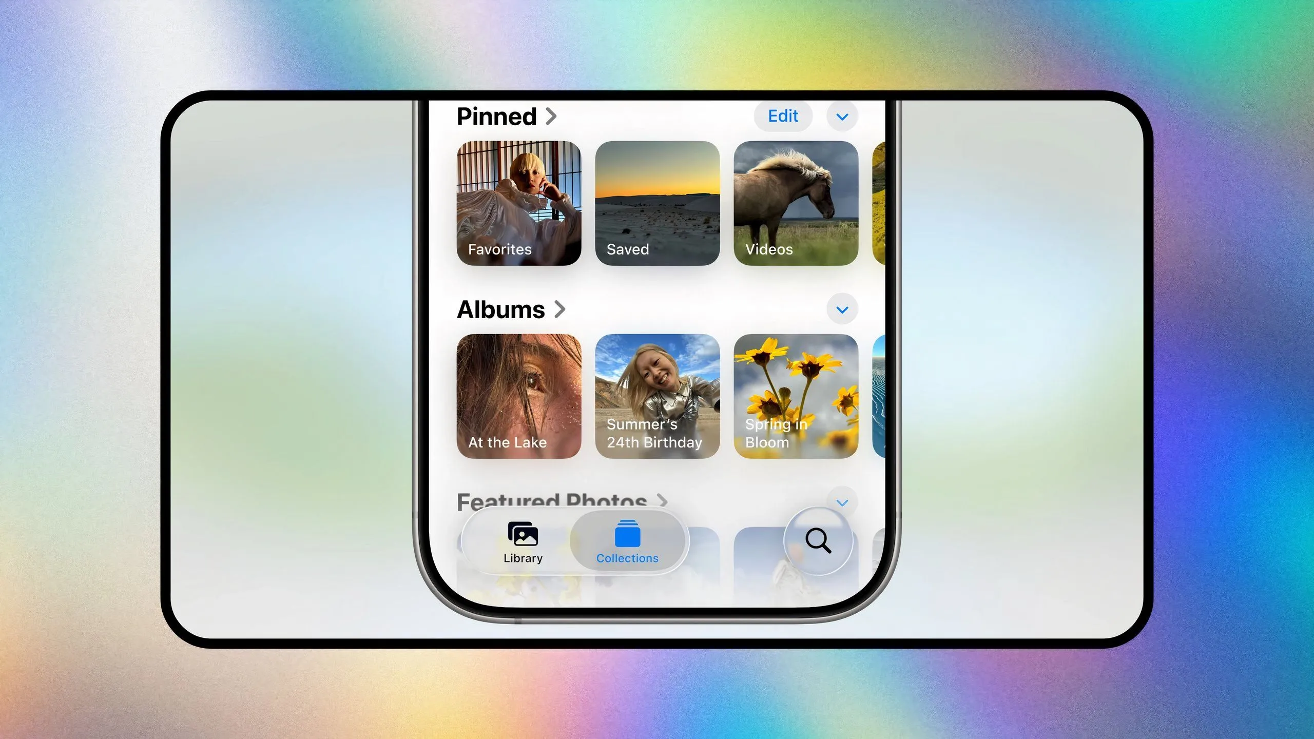 Giao diện ứng dụng Photos trên iOS 26 với tab Bộ sưu tập