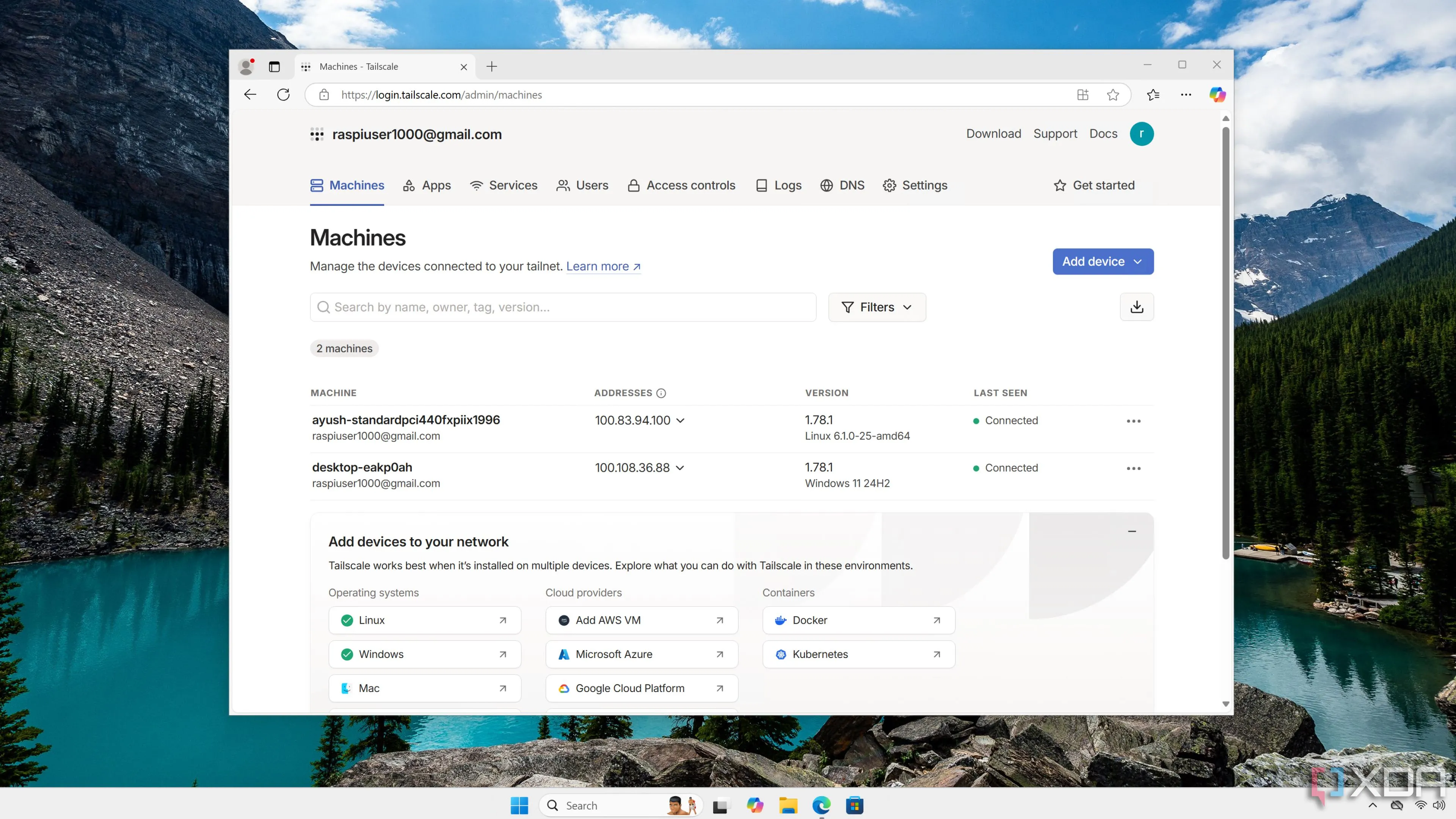 Giao diện web quản lý Tailscale hiển thị các thiết bị trong tailnet
