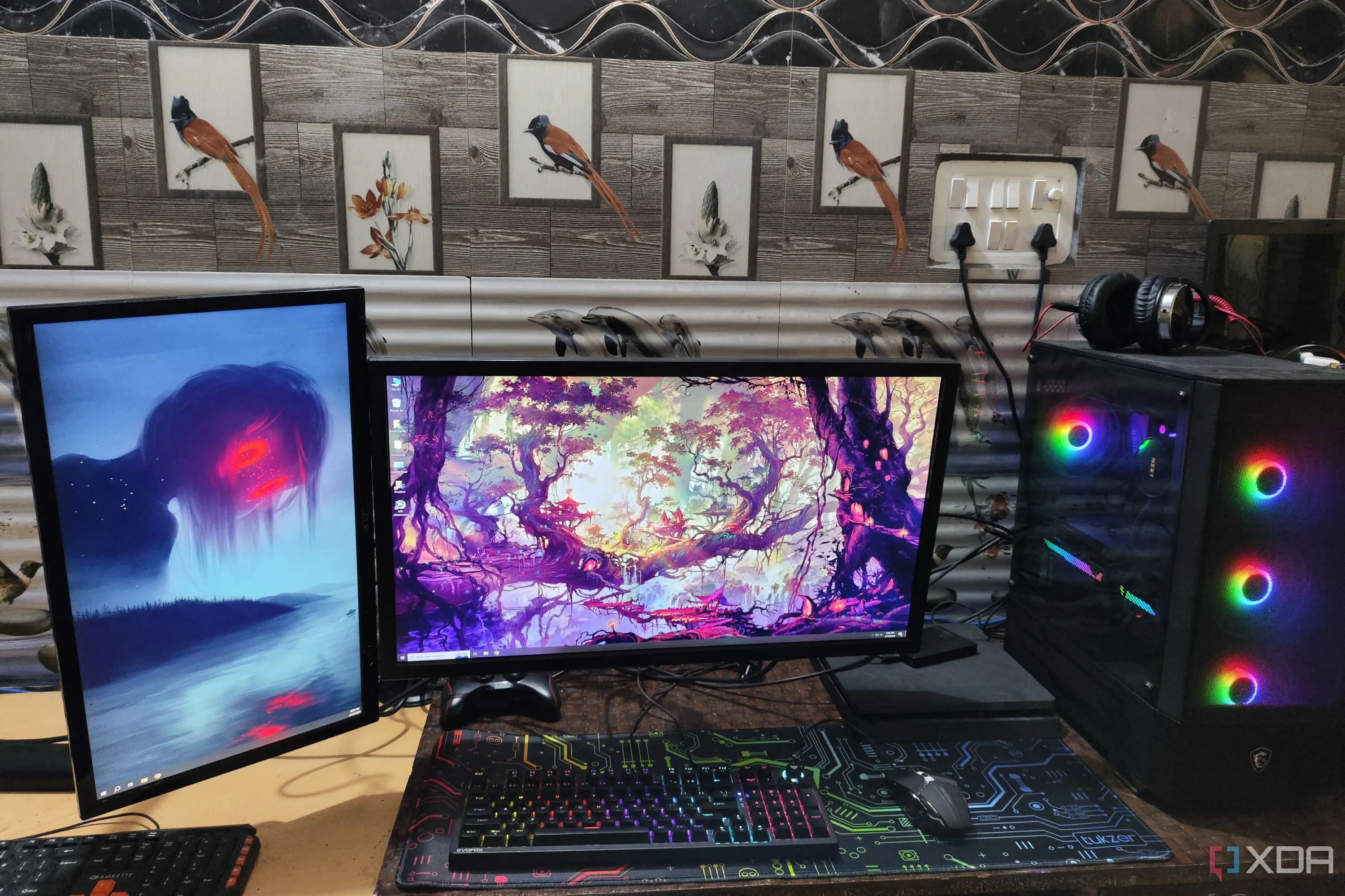 Góc làm việc với hai màn hình PC, một màn hình đặt dọc