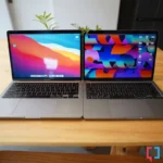 Hai mẫu MacBook Pro: phiên bản 13 inch dùng chip Intel năm 2020 và phiên bản 13 inch dùng chip Apple M2 năm 2022 đặt cạnh nhau