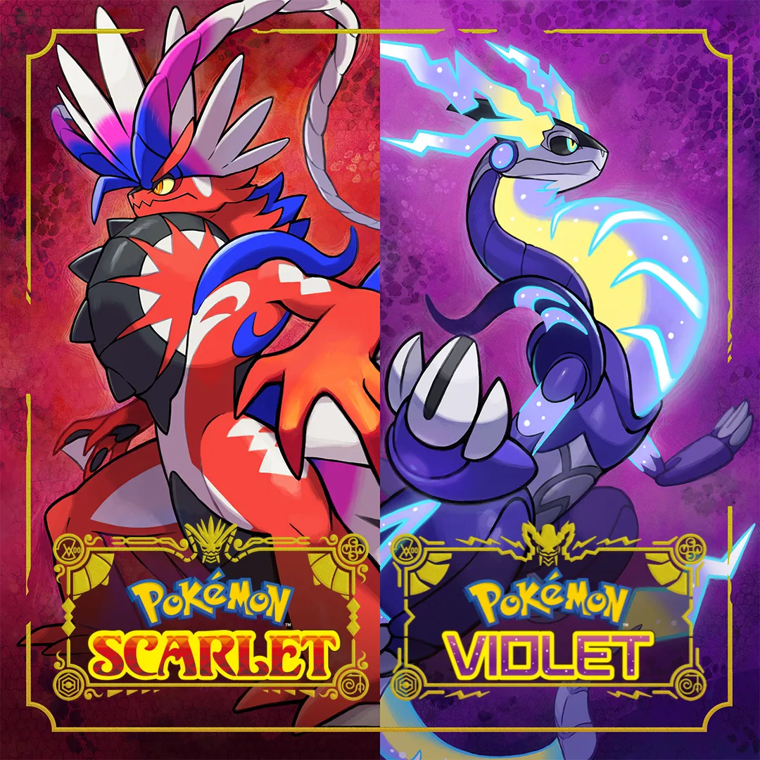 Hình ảnh quảng bá game Pokémon Scarlet và Violet, với Koraidon và Miraidon