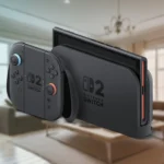 Nintendo Switch 2 trong dock, tay cầm Joy-Con, trên nền phòng khách