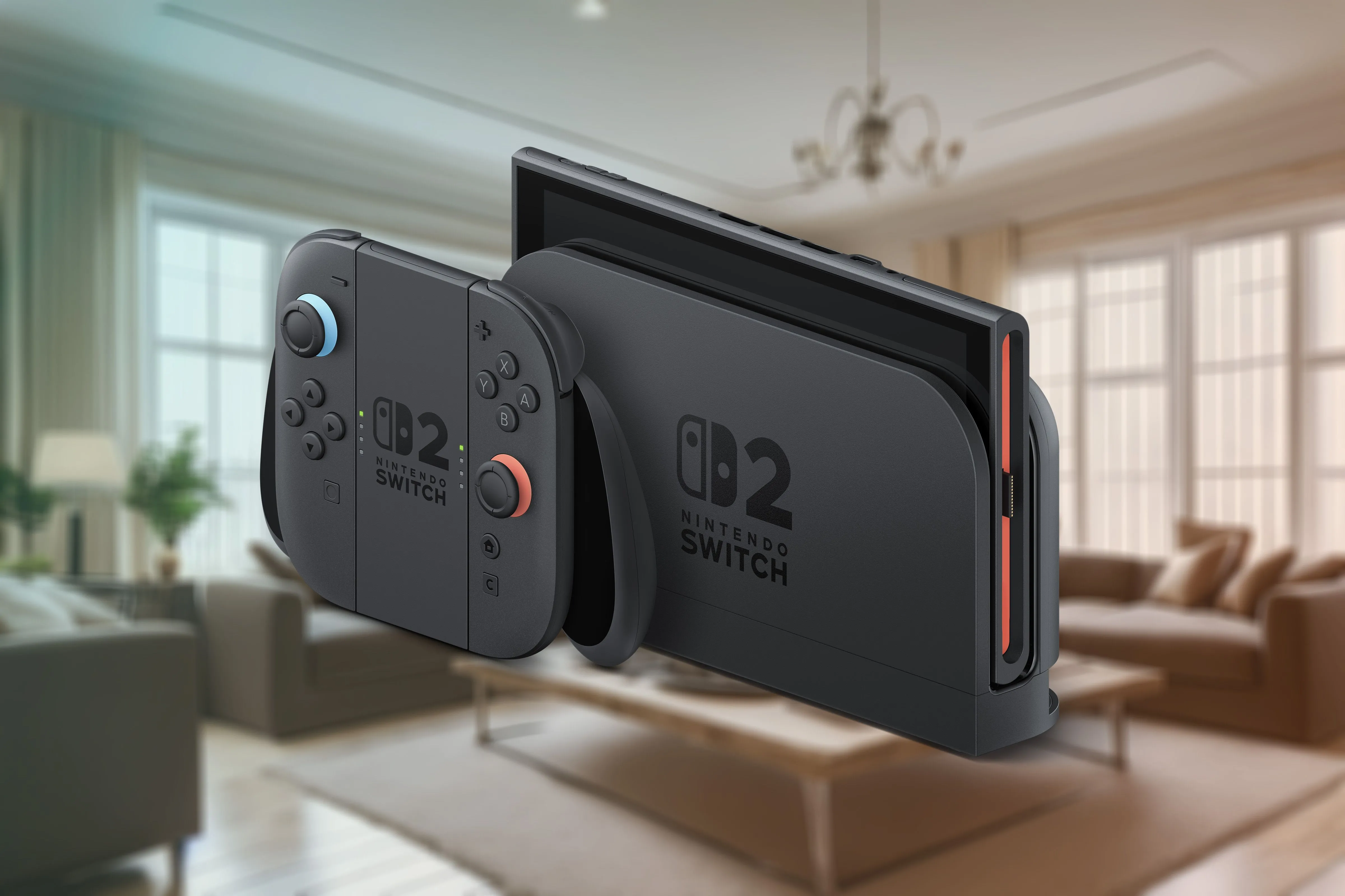 Nintendo Switch 2 trong dock, tay cầm Joy-Con, trên nền phòng khách