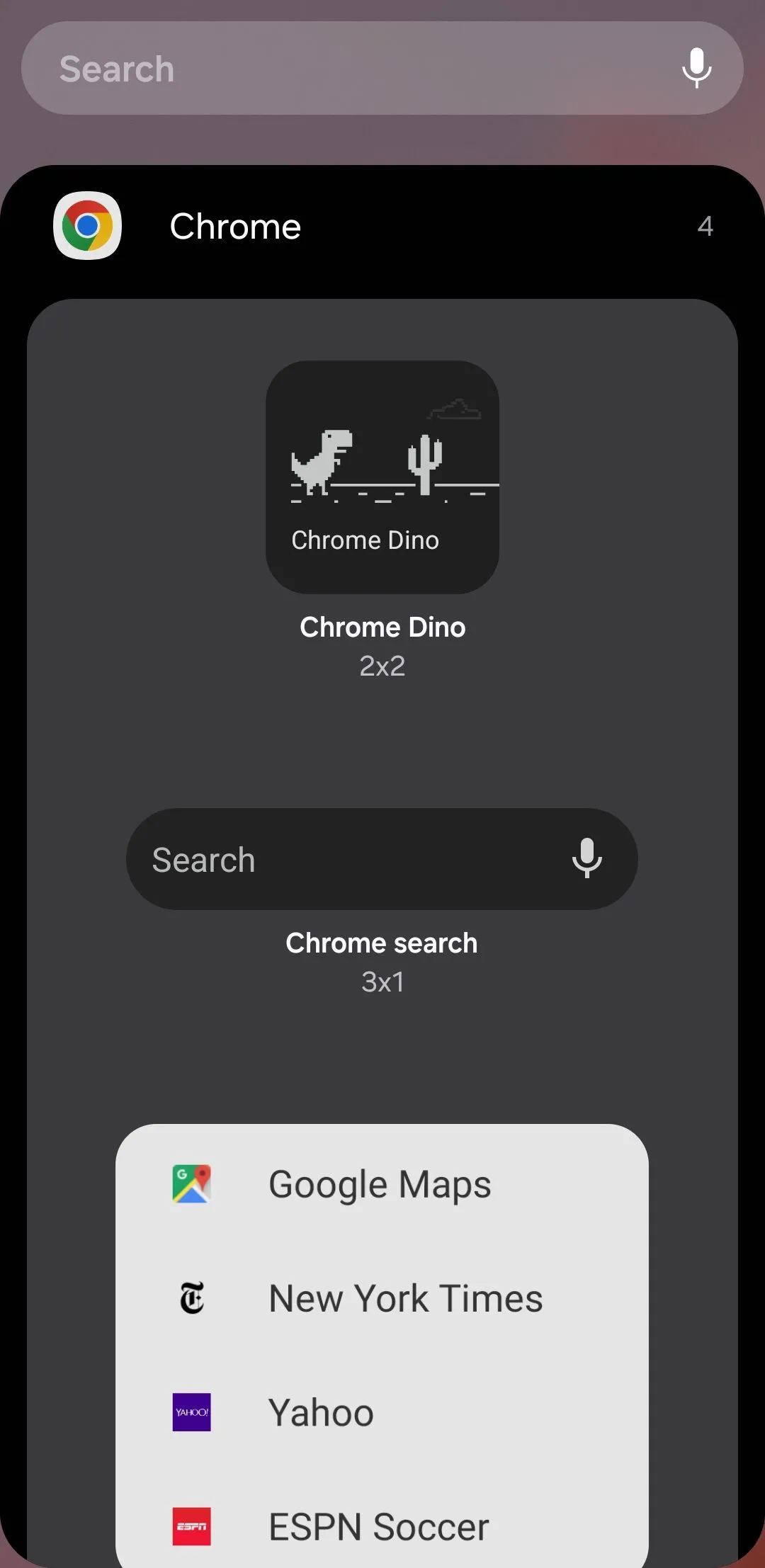 Các tùy chọn widget Chrome trên điện thoại Android, bao gồm tìm kiếm nhanh và chế độ ẩn danh