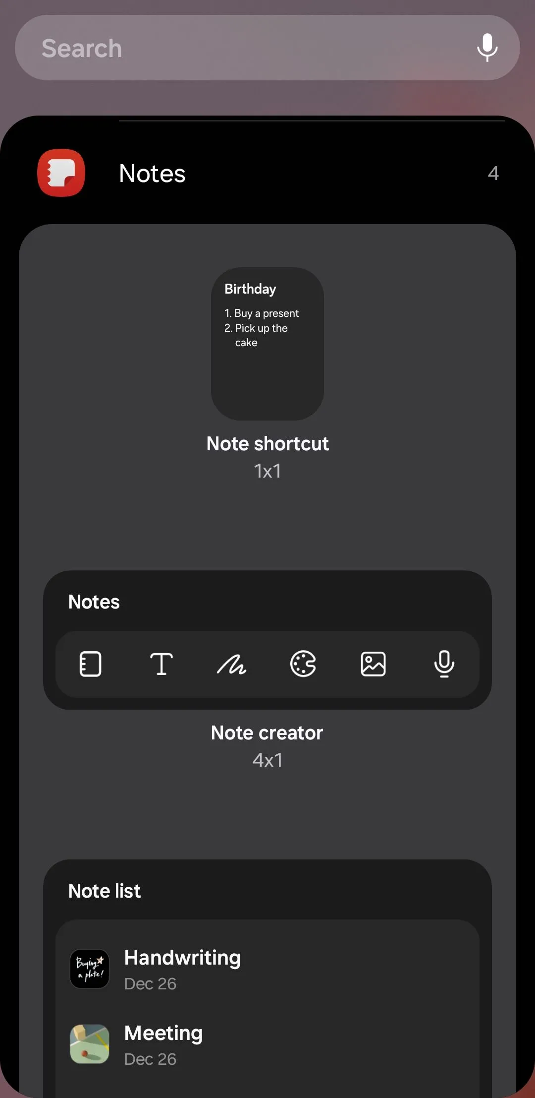 Các tùy chọn widget Samsung Notes trên điện thoại Galaxy giúp tạo và xem ghi chú nhanh chóng
