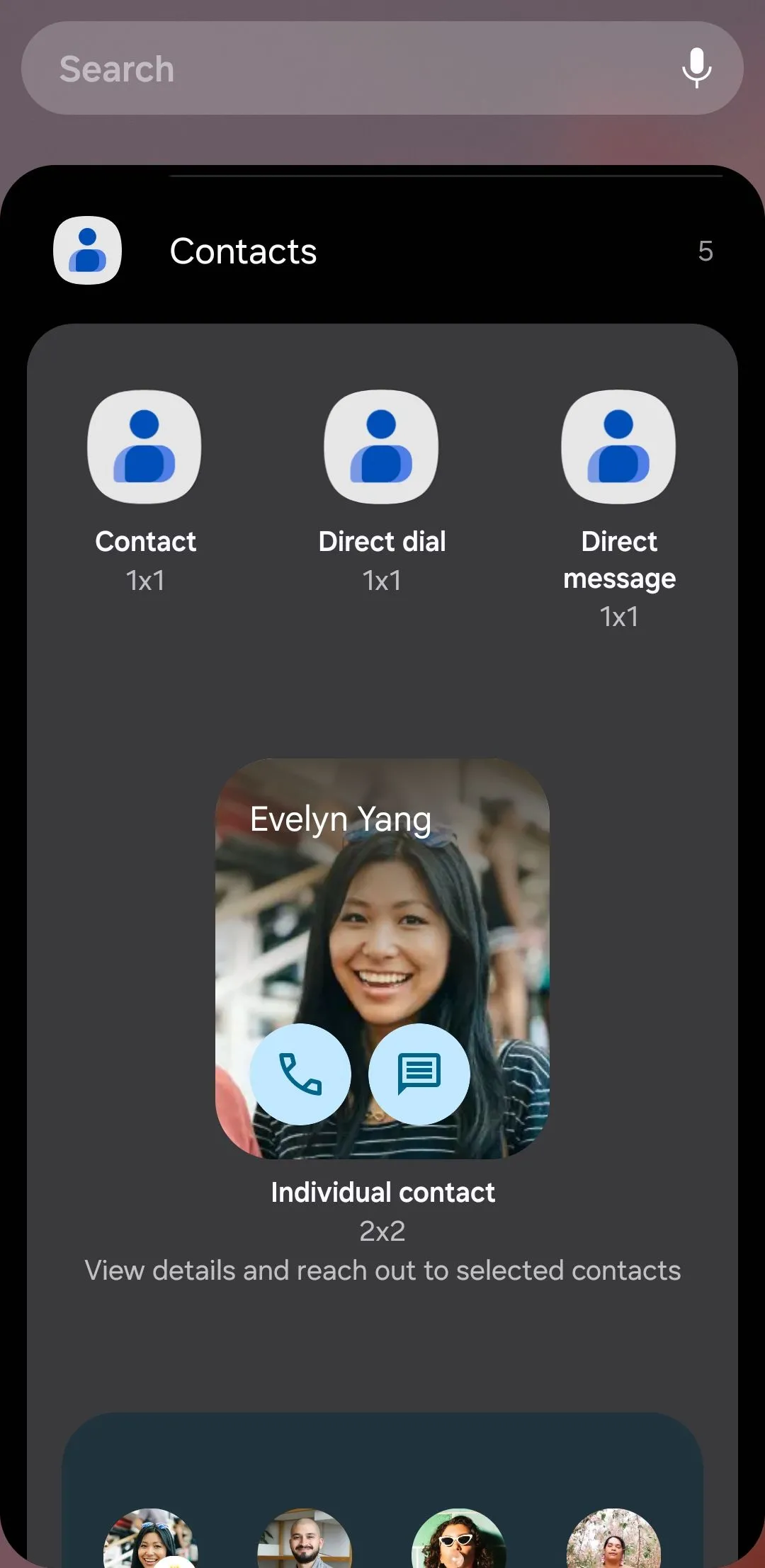 Các tùy chọn widget ứng dụng Google Contacts trên điện thoại Android, bao gồm gọi trực tiếp và danh bạ yêu thích