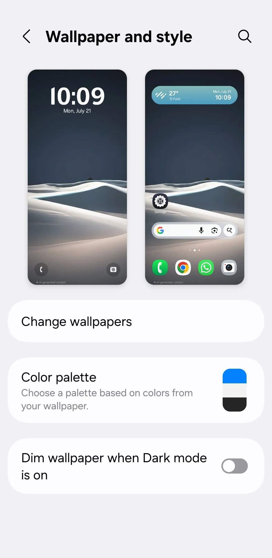 Cài đặt hình nền trên điện thoại Samsung, với tùy chọn &quot;Color palette&quot; được đánh dấu