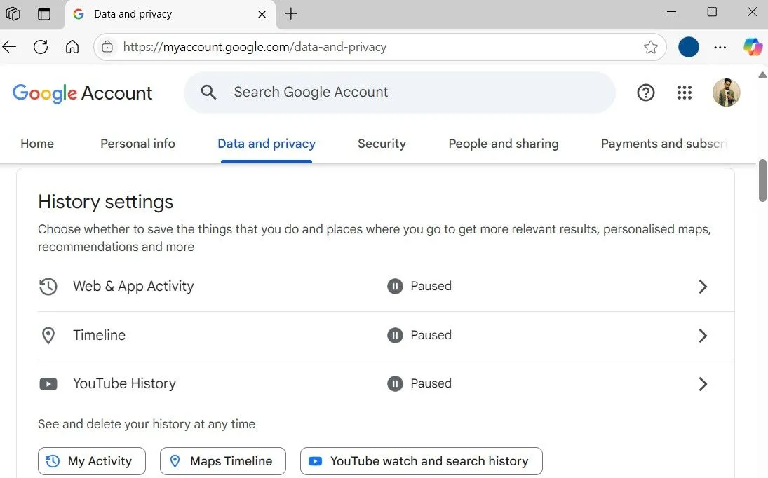 Cài đặt lịch sử tài khoản Google trong trình duyệt