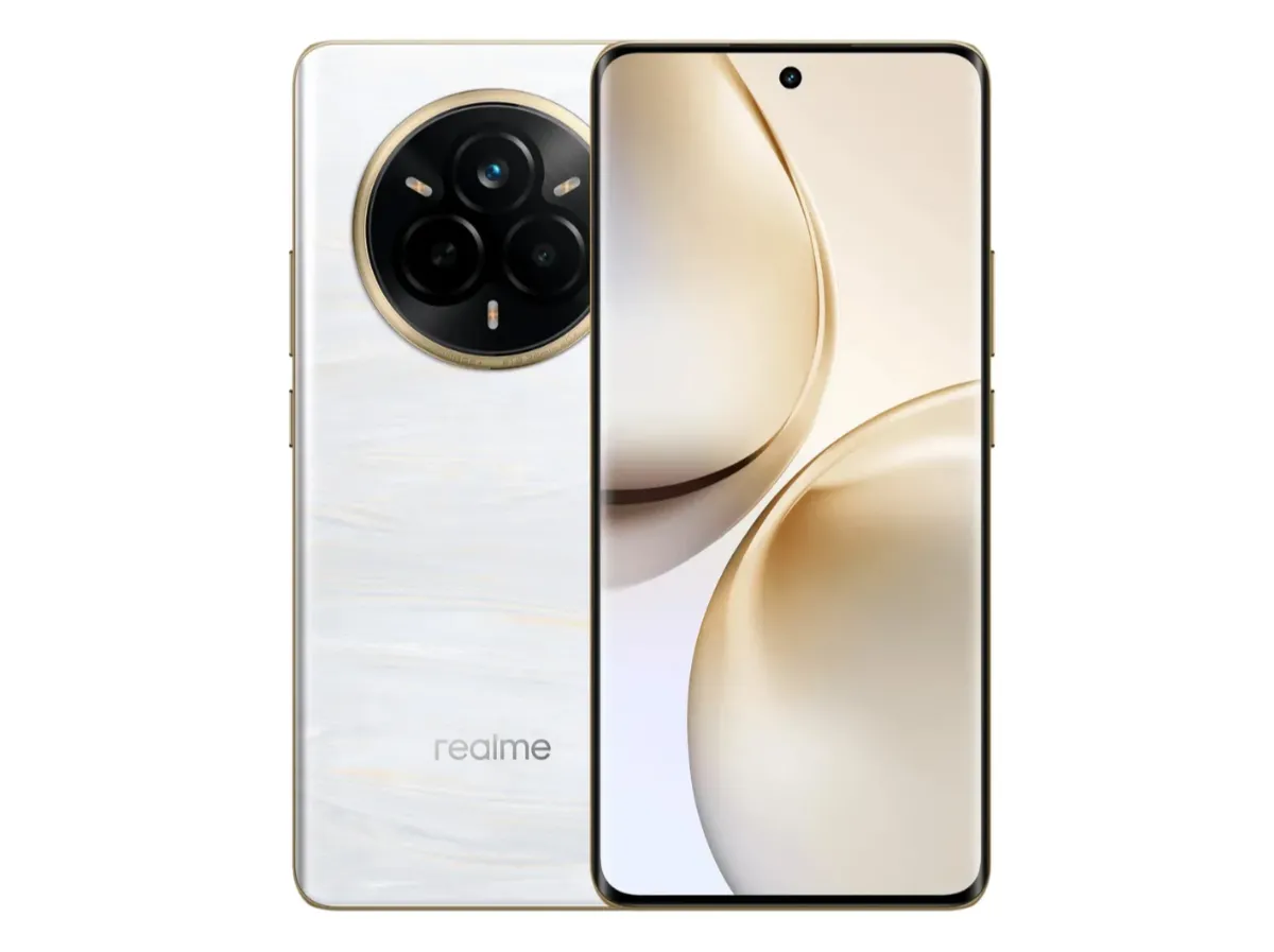 Cận cảnh mặt lưng Realme 14 Pro Plus với thiết kế ngọc trai độc đáo và cụm camera tròn trịa, nhấn mạnh chi tiết tinh xảo.