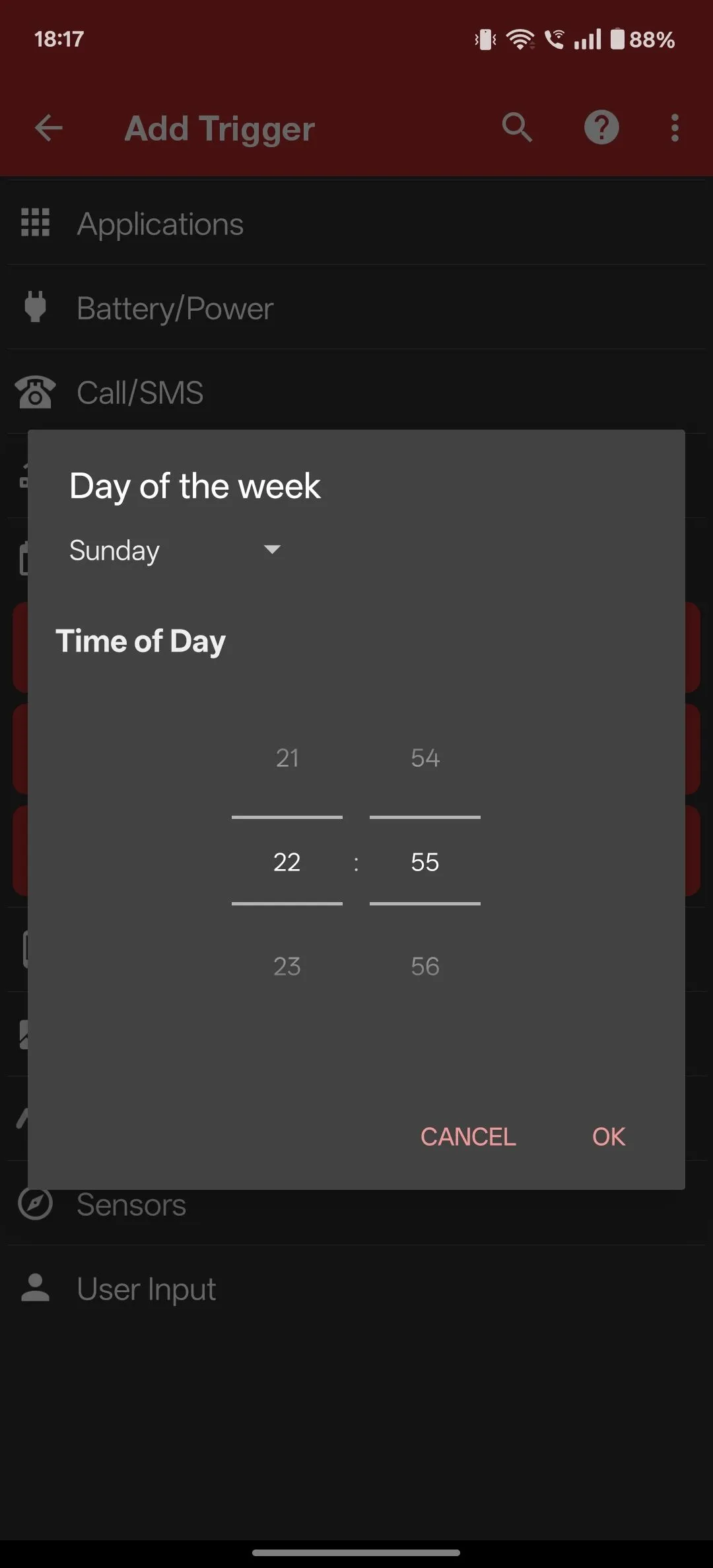 Cấu hình ngày và thời gian cụ thể cho trigger &quot;Day of the Week&quot; trong MacroDroid.