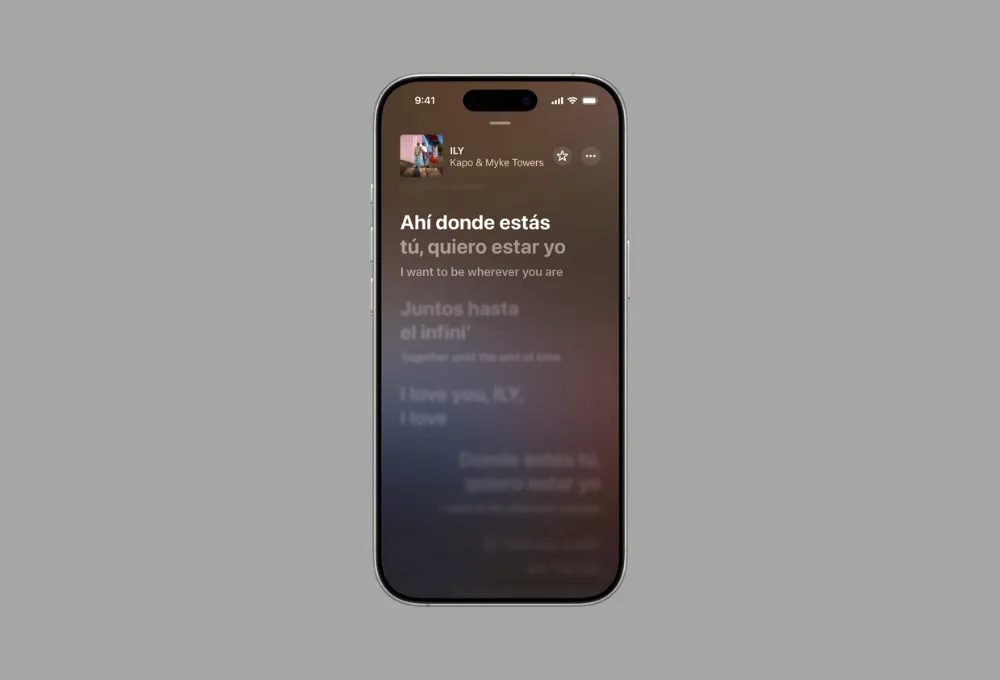 Giao diện Apple Music hiển thị lời bài hát với tính năng dịch trực tiếp theo dòng