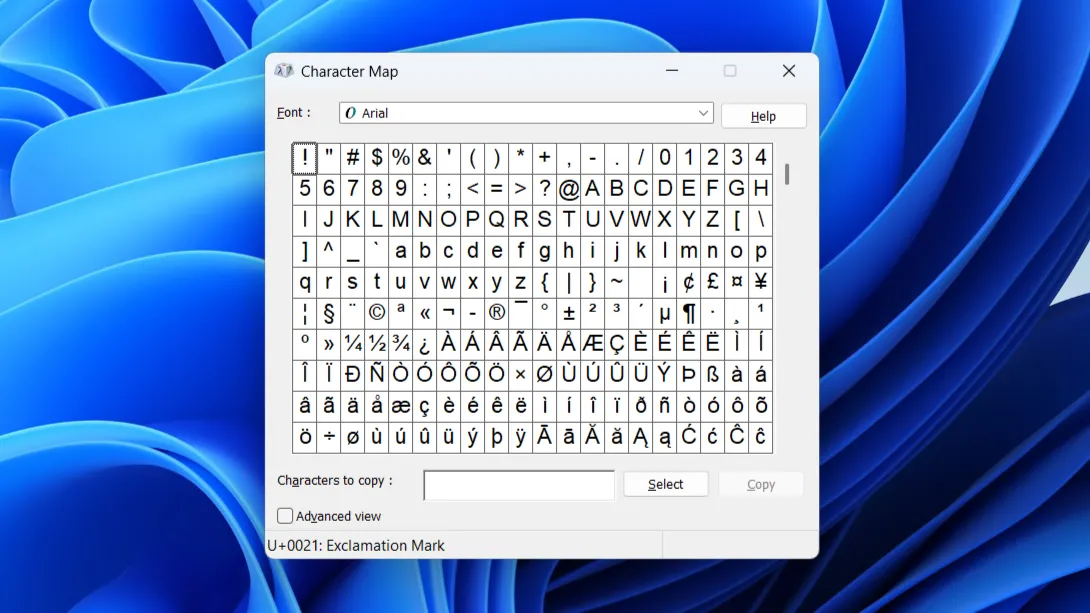 Giao diện công cụ Character Map cũ trên Windows 11