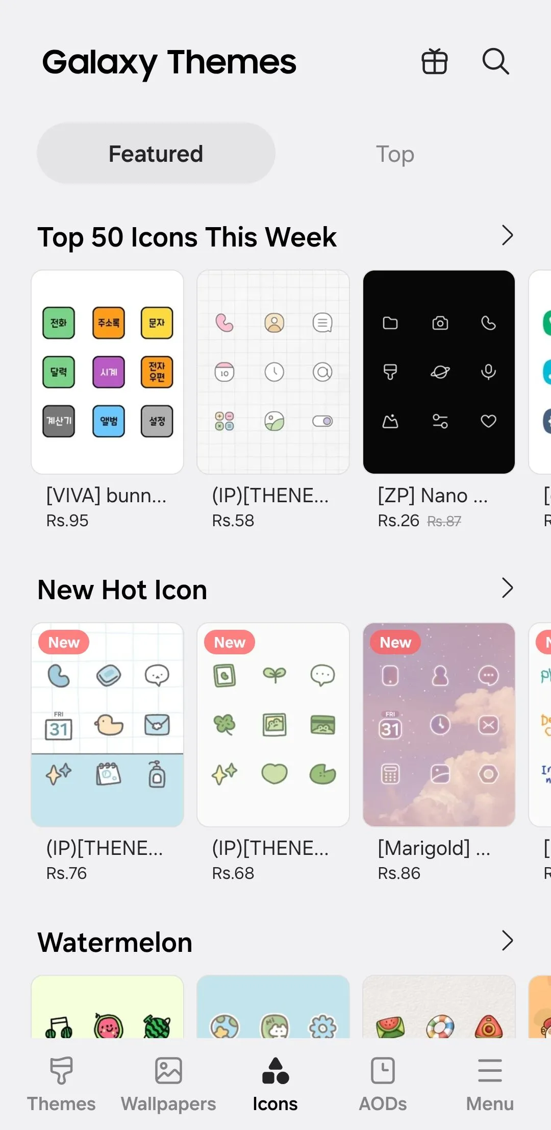 Giao diện cửa hàng Galaxy Themes hiển thị các gói biểu tượng ứng dụng để tải về