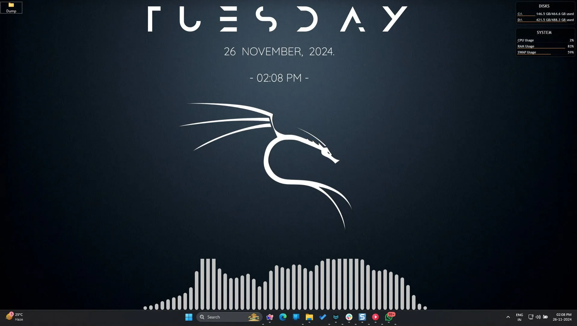 Giao diện desktop Windows 11 được tùy chỉnh với các skin của Rainmeter