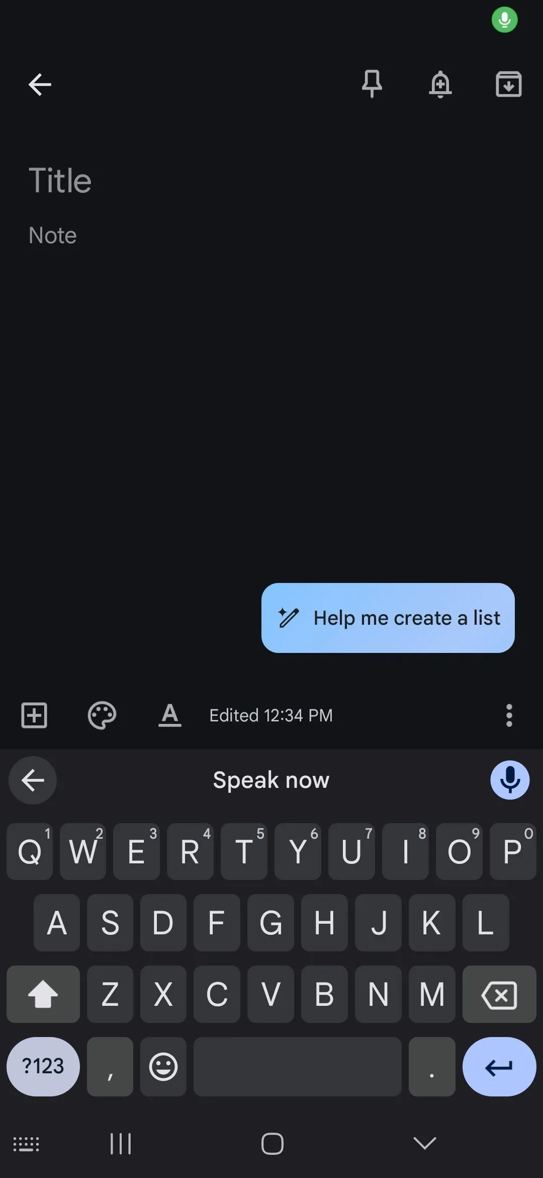 Giao diện nhập liệu bằng Giọng nói (Voice Typing) trên bàn phím Android, chờ người dùng đọc.