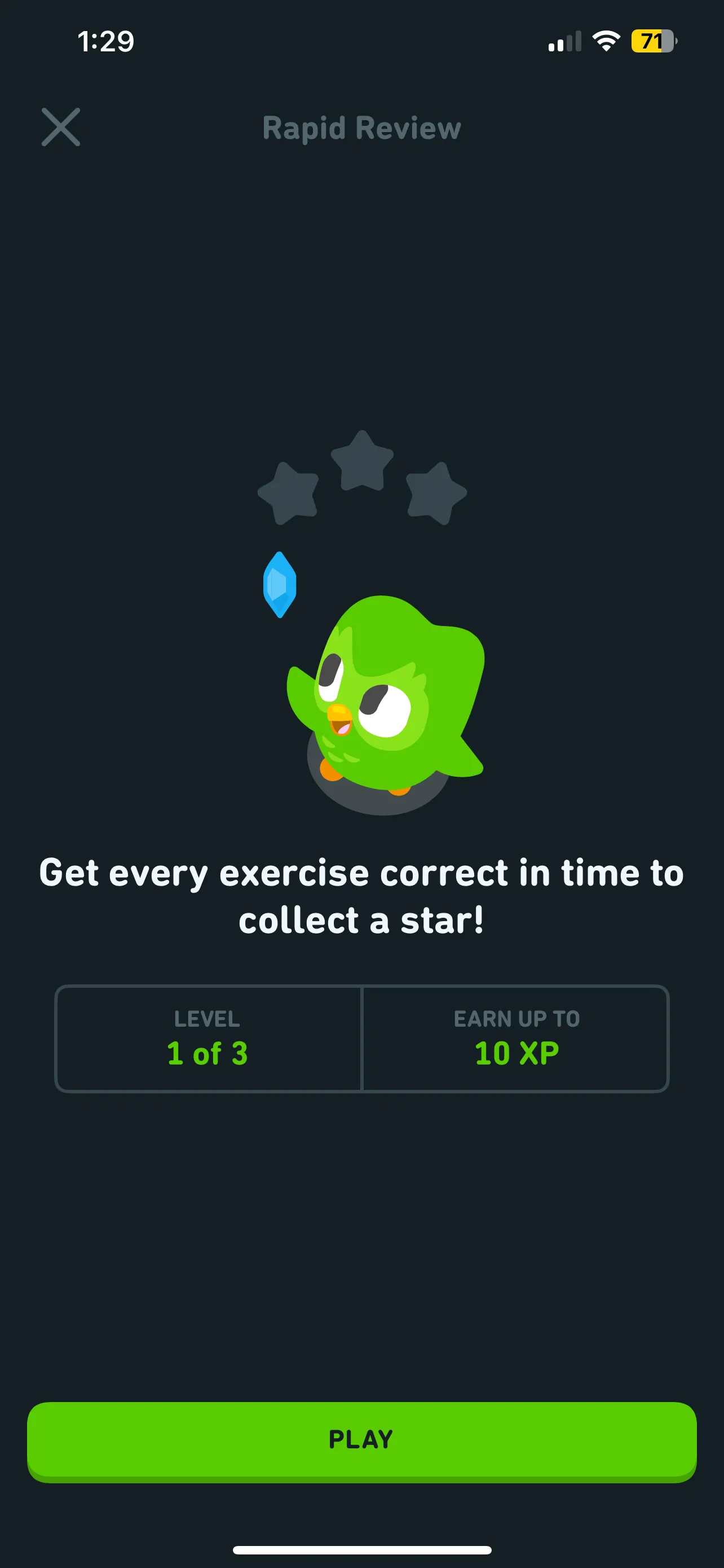 Giao diện phiên Ôn tập nhanh đầu tiên trong Duolingo