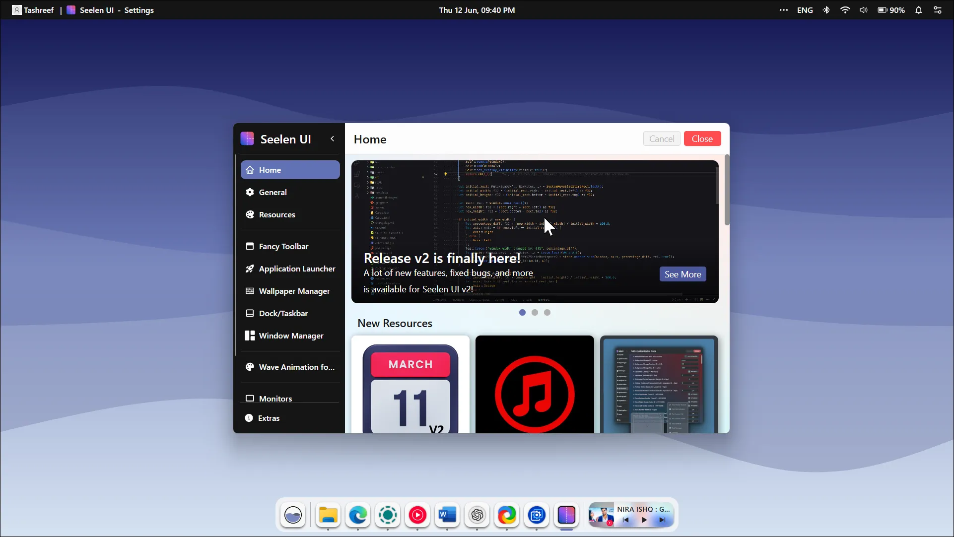Giao diện Seelen UI đang chạy ở chế độ nền desktop trên Windows 11