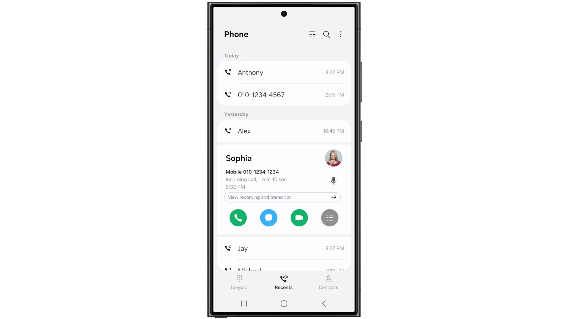 Giao diện tính năng ghi âm cuộc gọi và phiên âm trên One UI 7