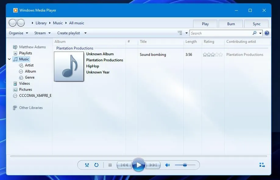 Giao diện Windows Media Player Legacy với các tùy chọn phát nhạc truyền thống