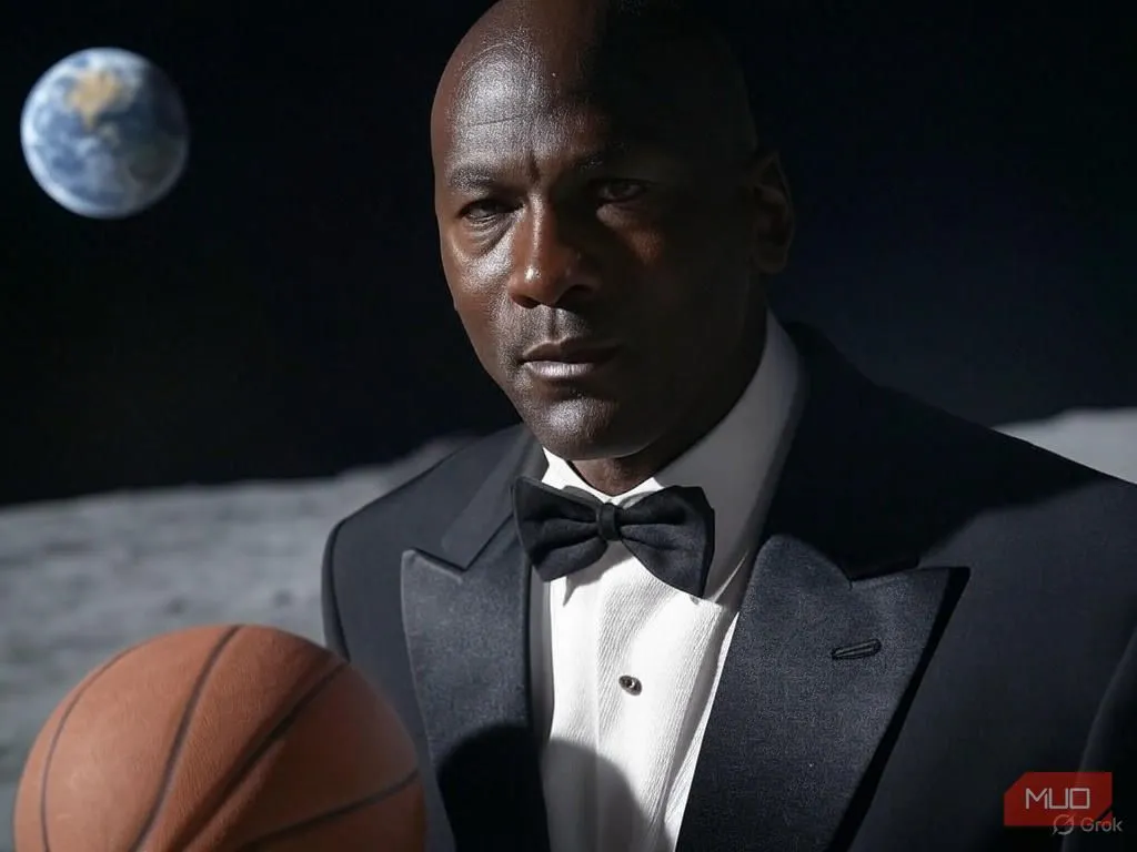Hình ảnh do AI tạo ra về Michael Jordan chơi bóng rổ trên mặt trăng trong bộ tuxedo, minh họa khả năng sáng tạo của Grok AI