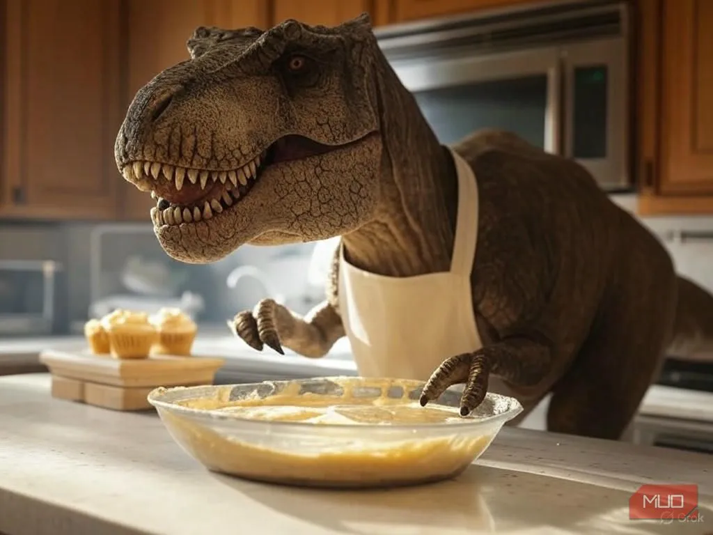 Hình ảnh do AI tạo ra về một con T. rex đang nướng bánh cupcake, thể hiện sự linh hoạt của mô hình Aurora AI