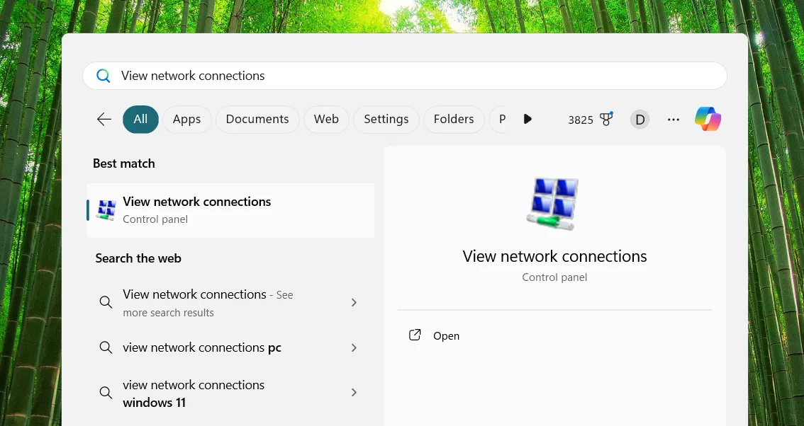 Hình ảnh minh họa tìm kiếm 'network connections' trong Menu Start và chọn 'View network connections' để mở cửa sổ Kết nối Mạng