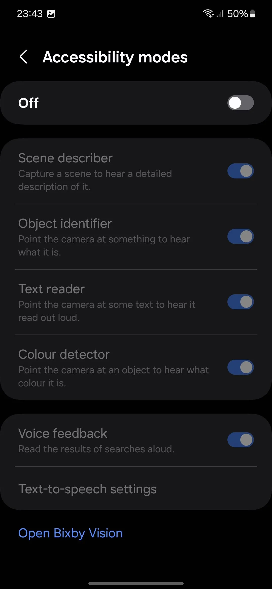 Kích hoạt chế độ hỗ trợ tiếp cận cho Bixby Vision trong cài đặt