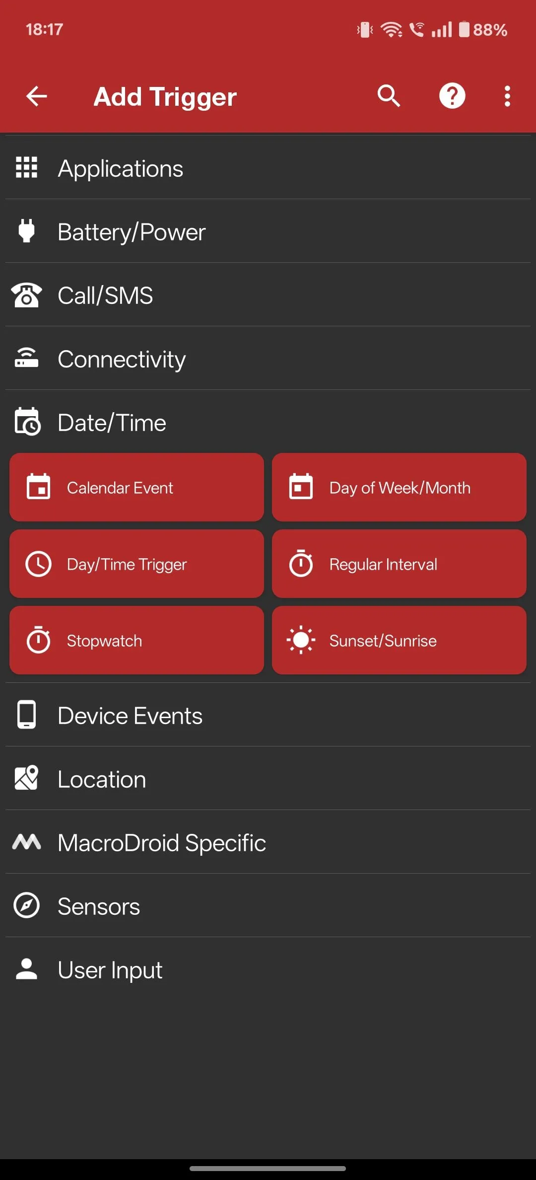 Lựa chọn trigger &quot;Date/Time&quot; trong MacroDroid để đặt lịch chạy macro tự động.