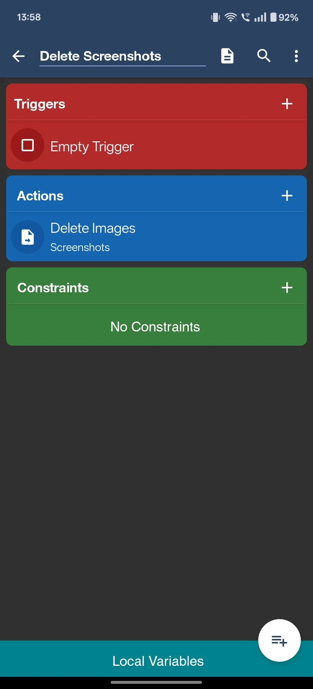 Macro MacroDroid đã được cấu hình hành động &quot;Delete Images&quot; cho thư mục ảnh chụp màn hình.