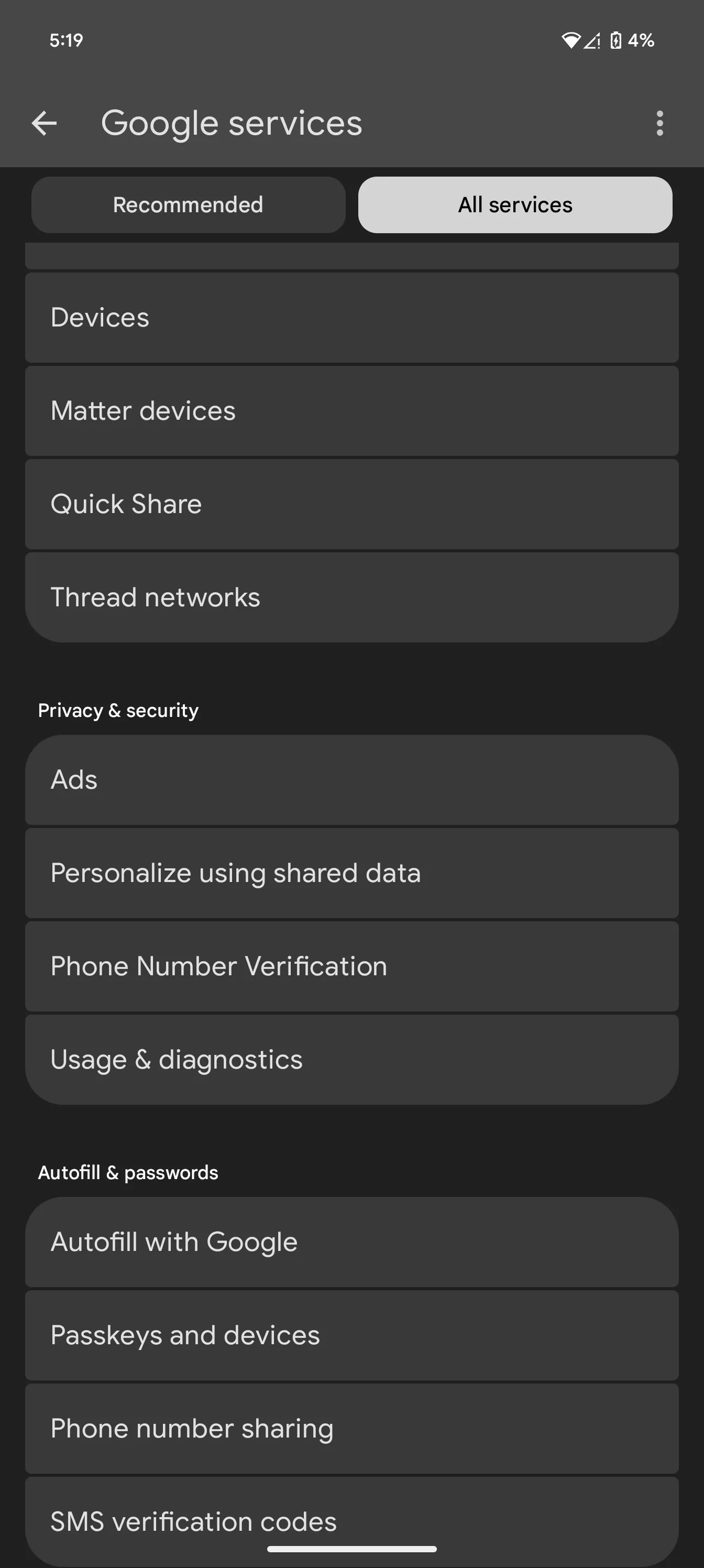 Màn hình cài đặt Google Services hiển thị tùy chọn Quảng cáo và Bảo mật