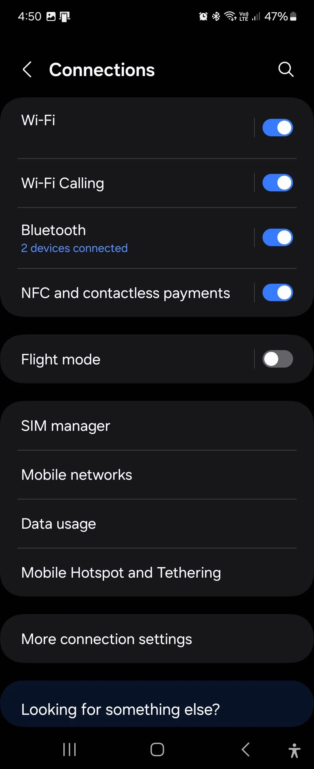 Màn hình cài đặt Kết nối trên One UI 6.12 hiển thị các tùy chọn chia sẻ Wi-Fi