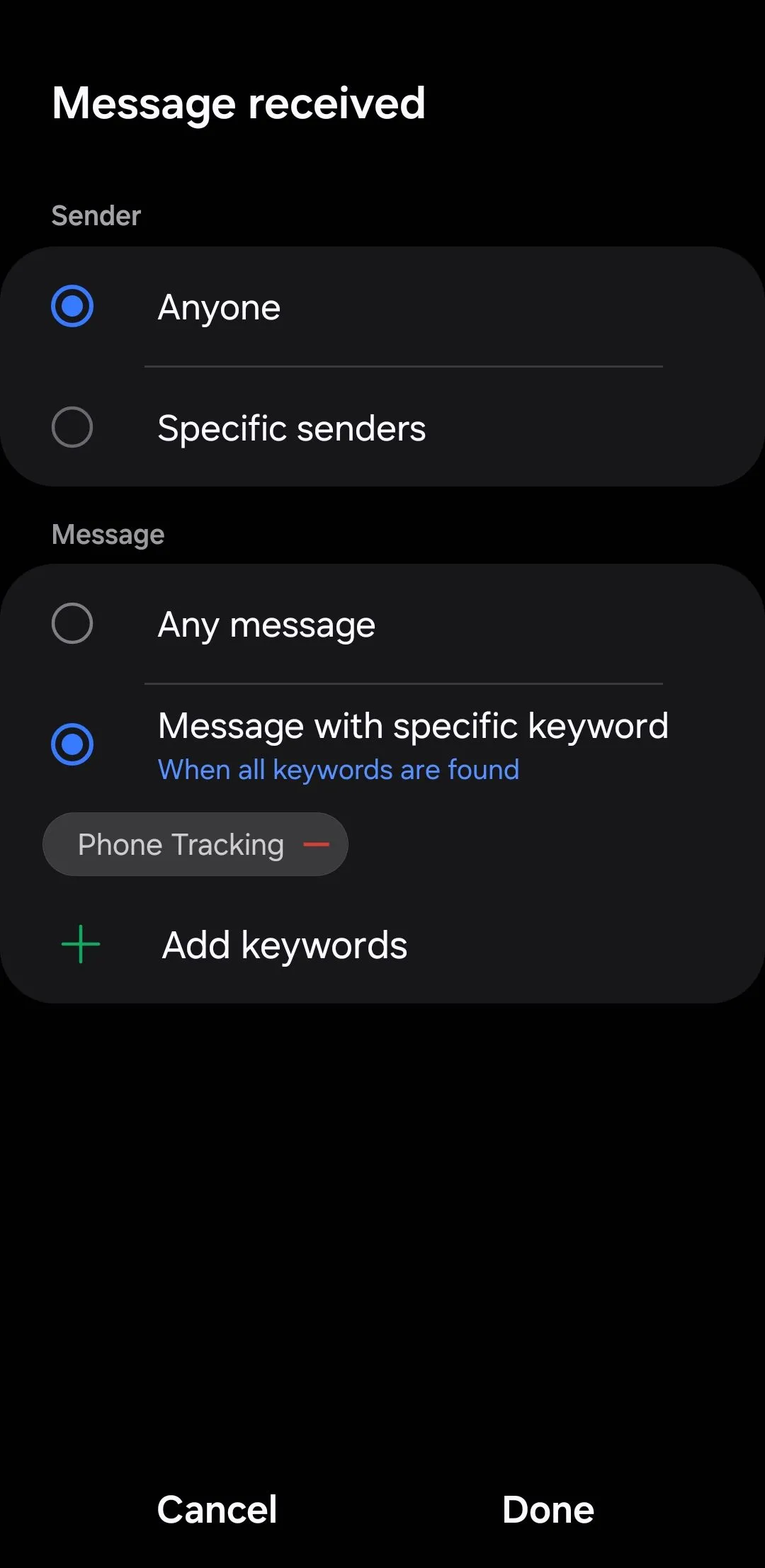 Màn hình thiết lập điều kiện kích hoạt 'Message received' trong ứng dụng Modes and Routines của Samsung, nơi người dùng chọn từ khóa để kích hoạt tính năng tìm điện thoại