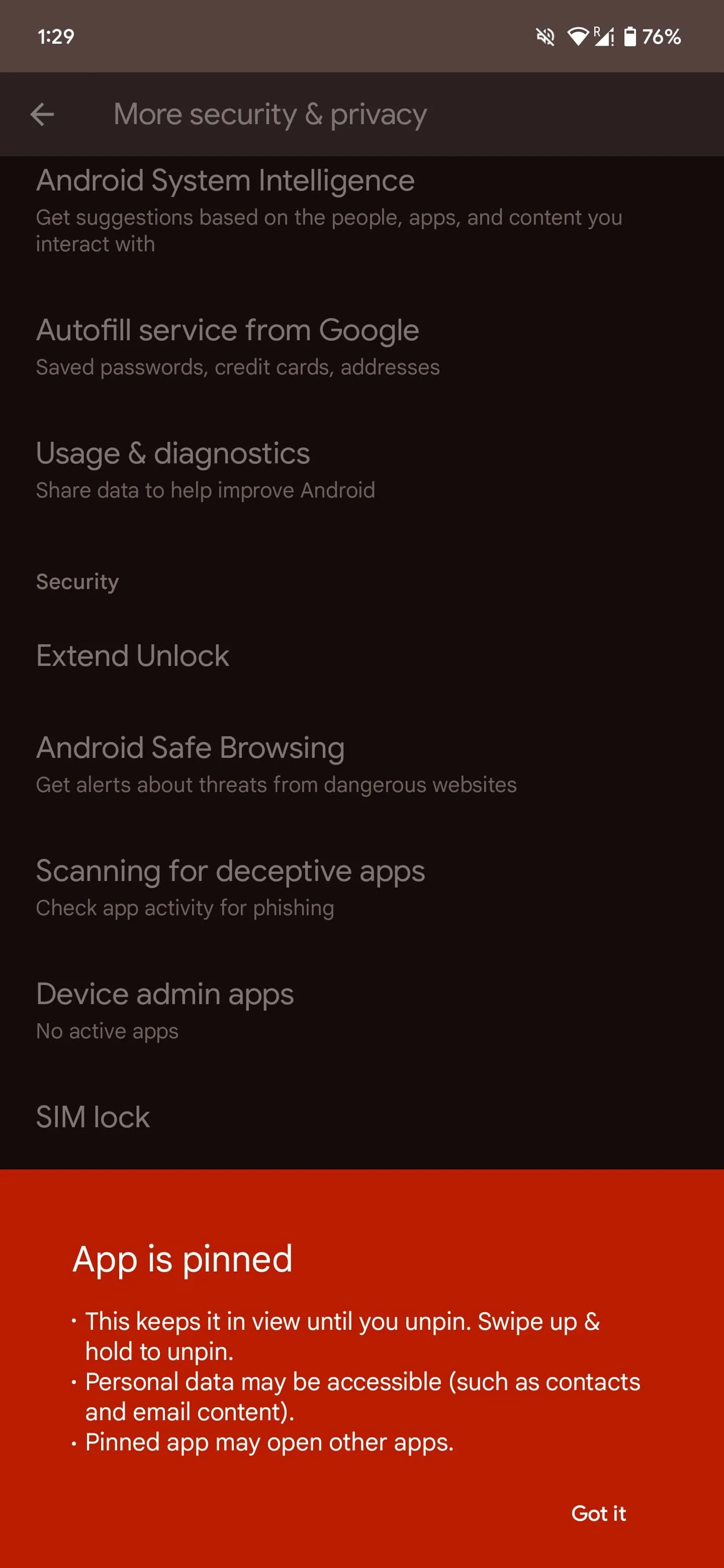 Màn hình thông báo khi một ứng dụng đã được Ghim (App Pinning) trên Android, giữ ứng dụng cố định.