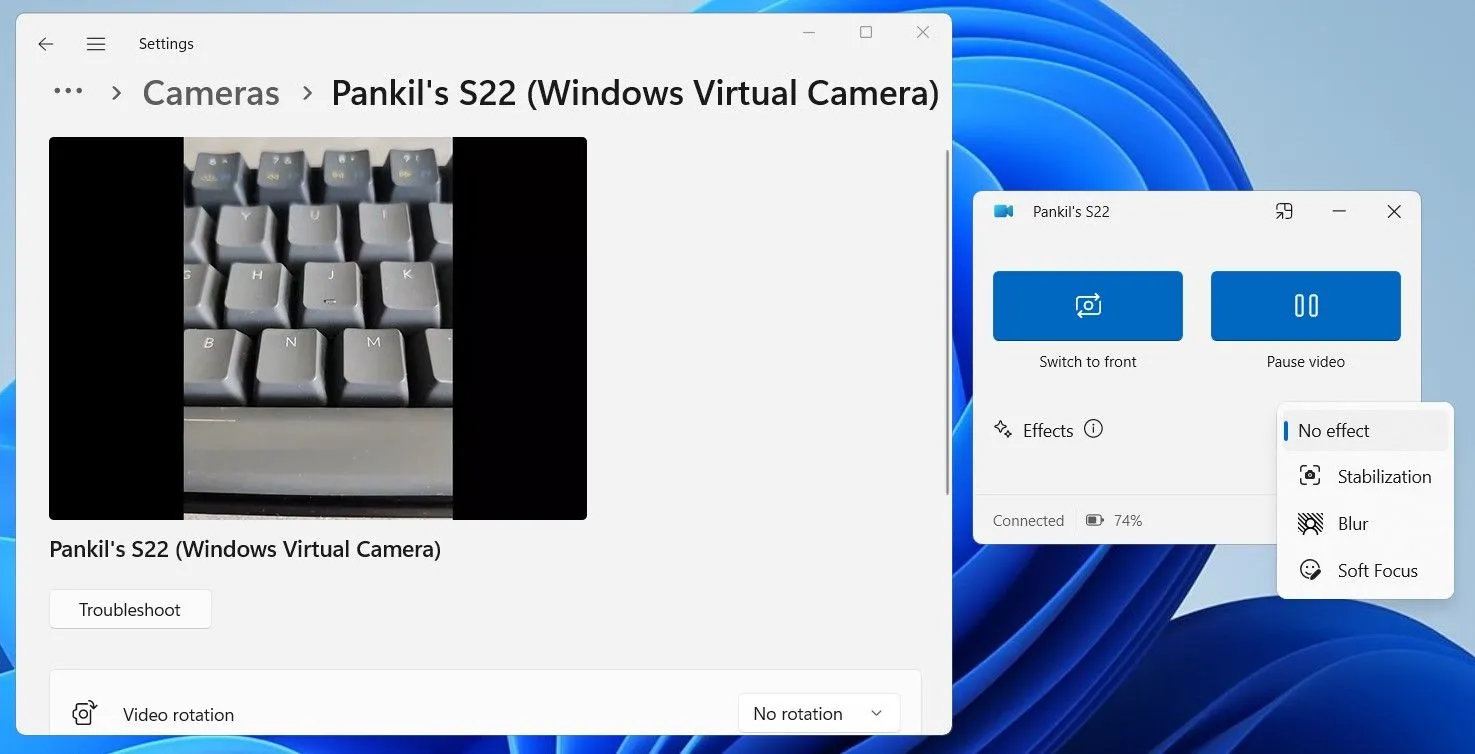 Màn hình ứng dụng Phone Link trên Windows 11 hướng dẫn biến điện thoại Android thành webcam cho PC