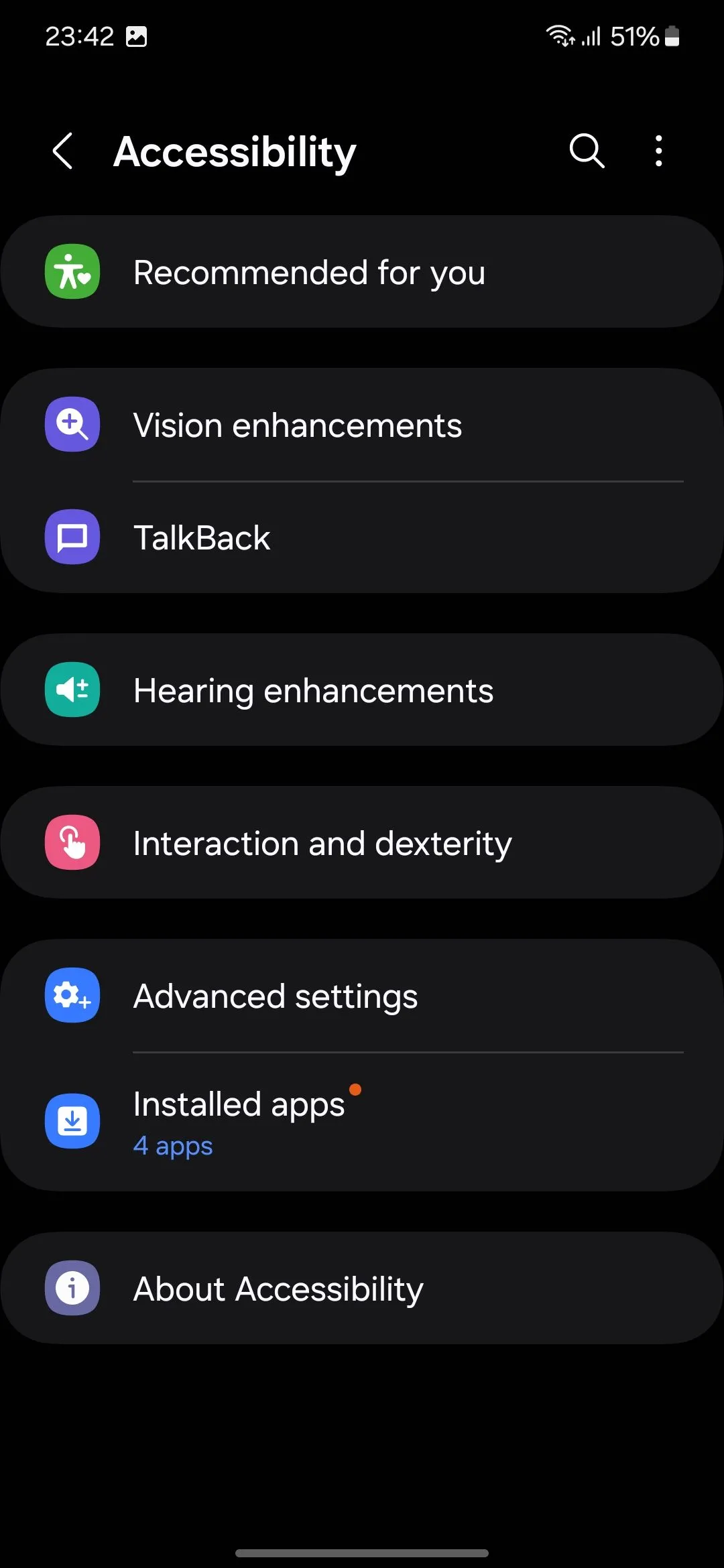 Menu cài đặt trợ năng trong phần Cài đặt của Samsung Galaxy