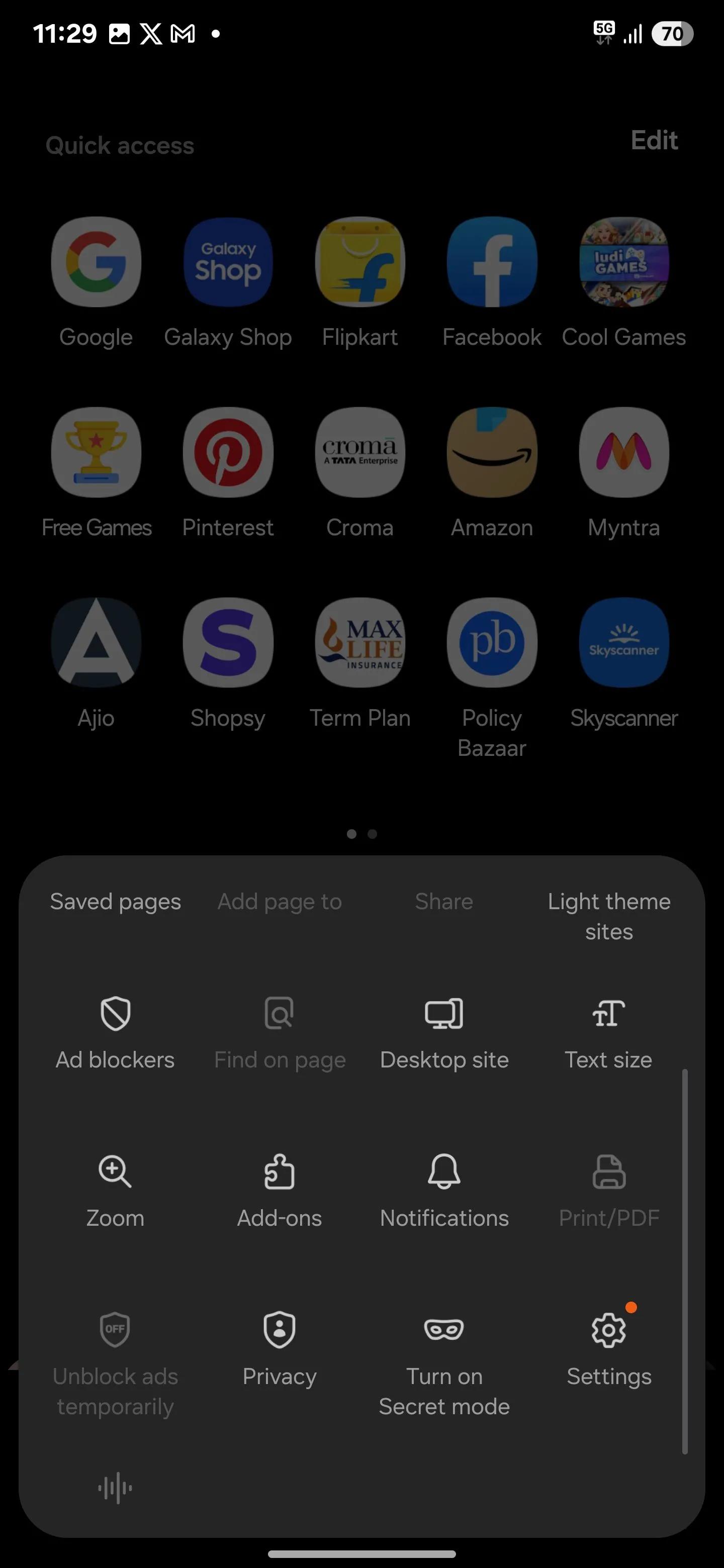 Menu cài đặt ứng dụng Samsung Internet trên điện thoại Galaxy