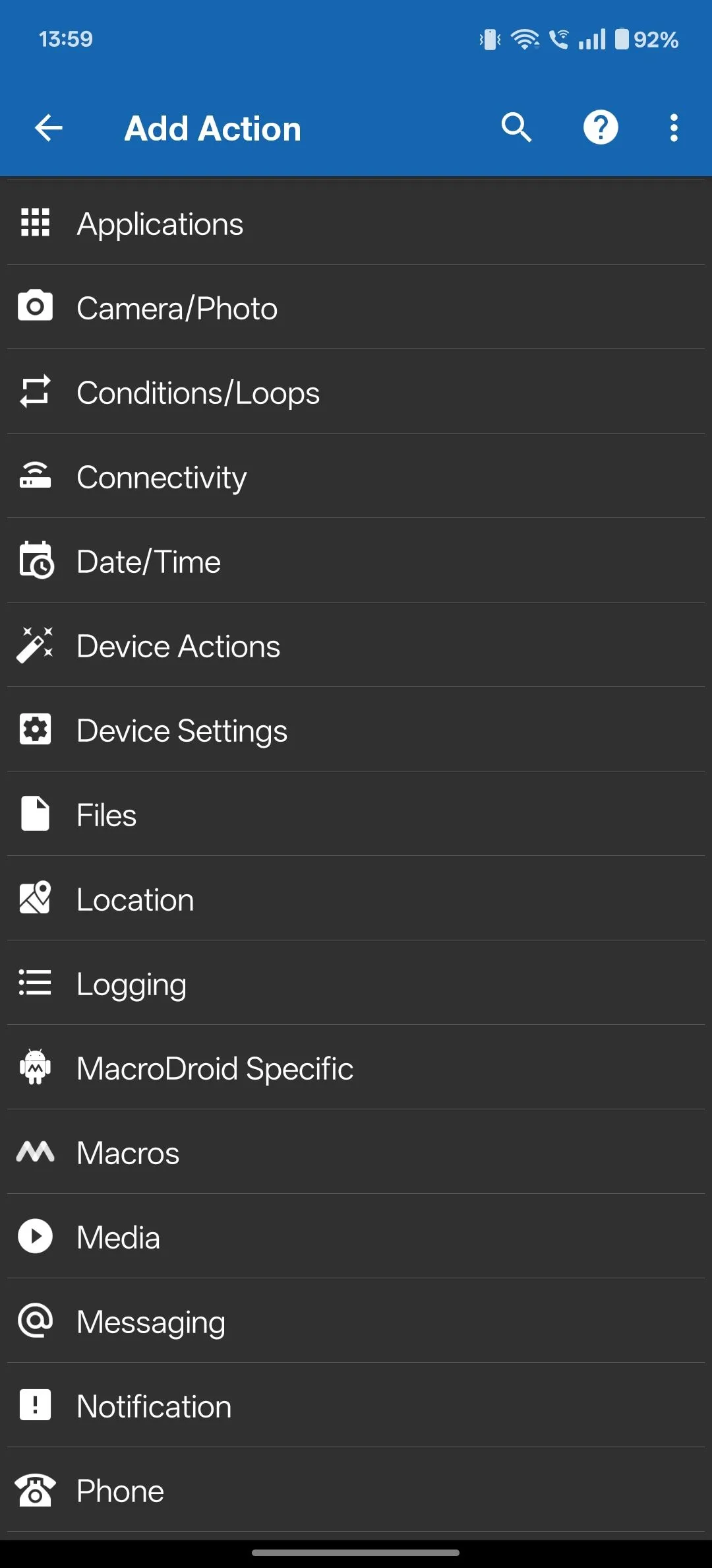 Menu hành động của MacroDroid, hiển thị tùy chọn &quot;Notification&quot; để tạo thông báo.
