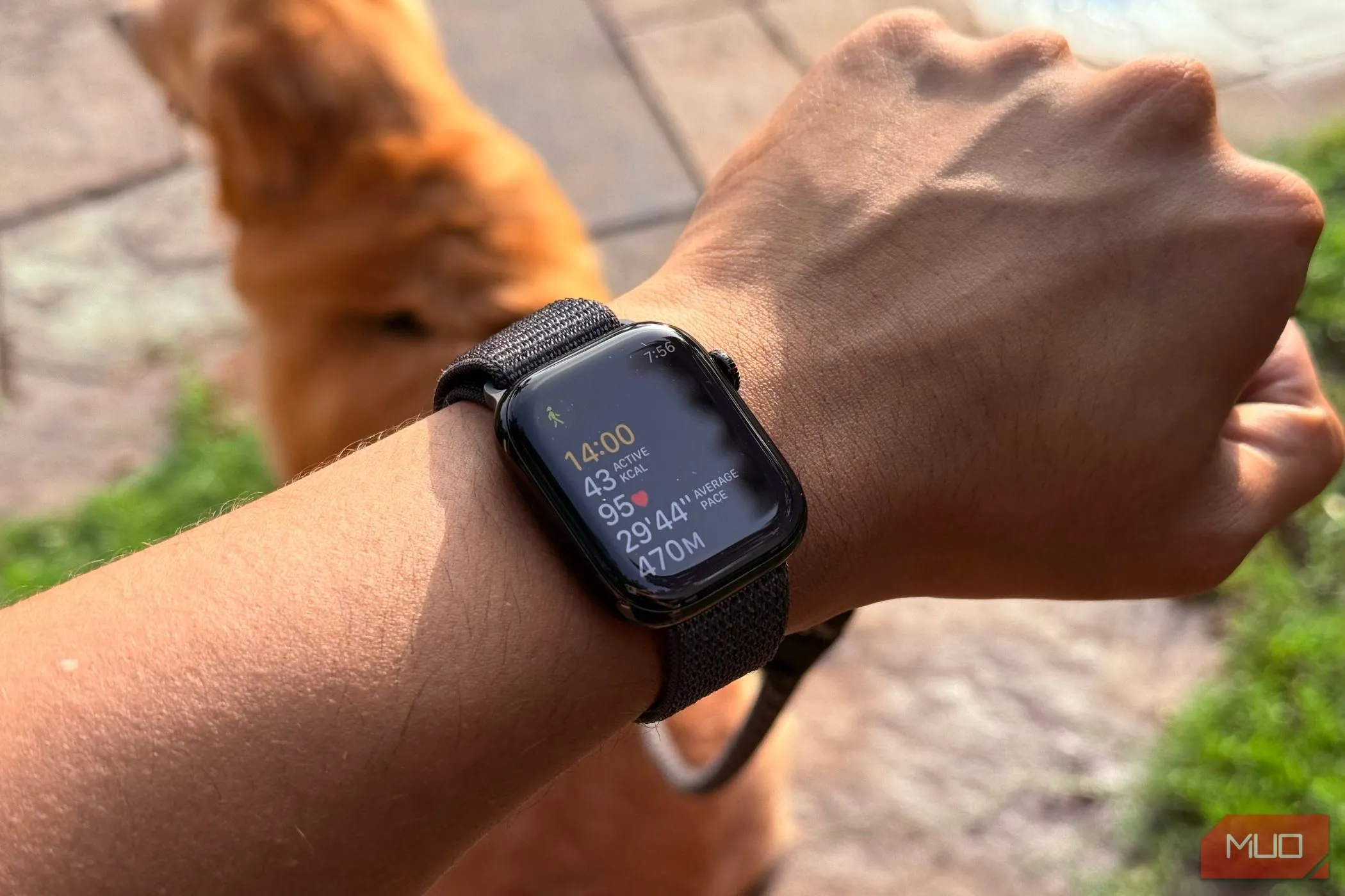 Người dùng đeo Apple Watch hiển thị ứng dụng tập luyện với số liệu thống kê cá nhân