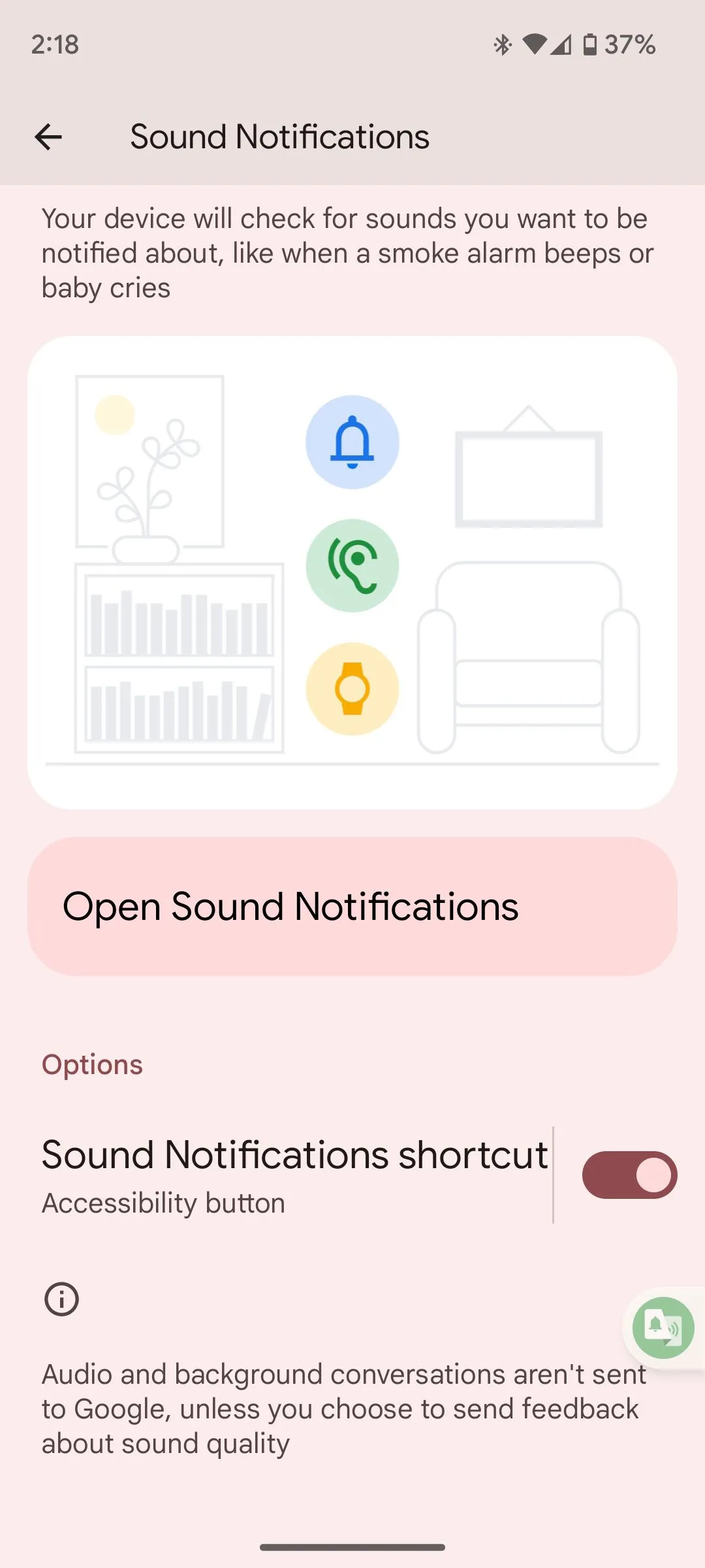 Nút bật/tắt tính năng Thông báo âm thanh trong cài đặt trợ năng của điện thoại Android