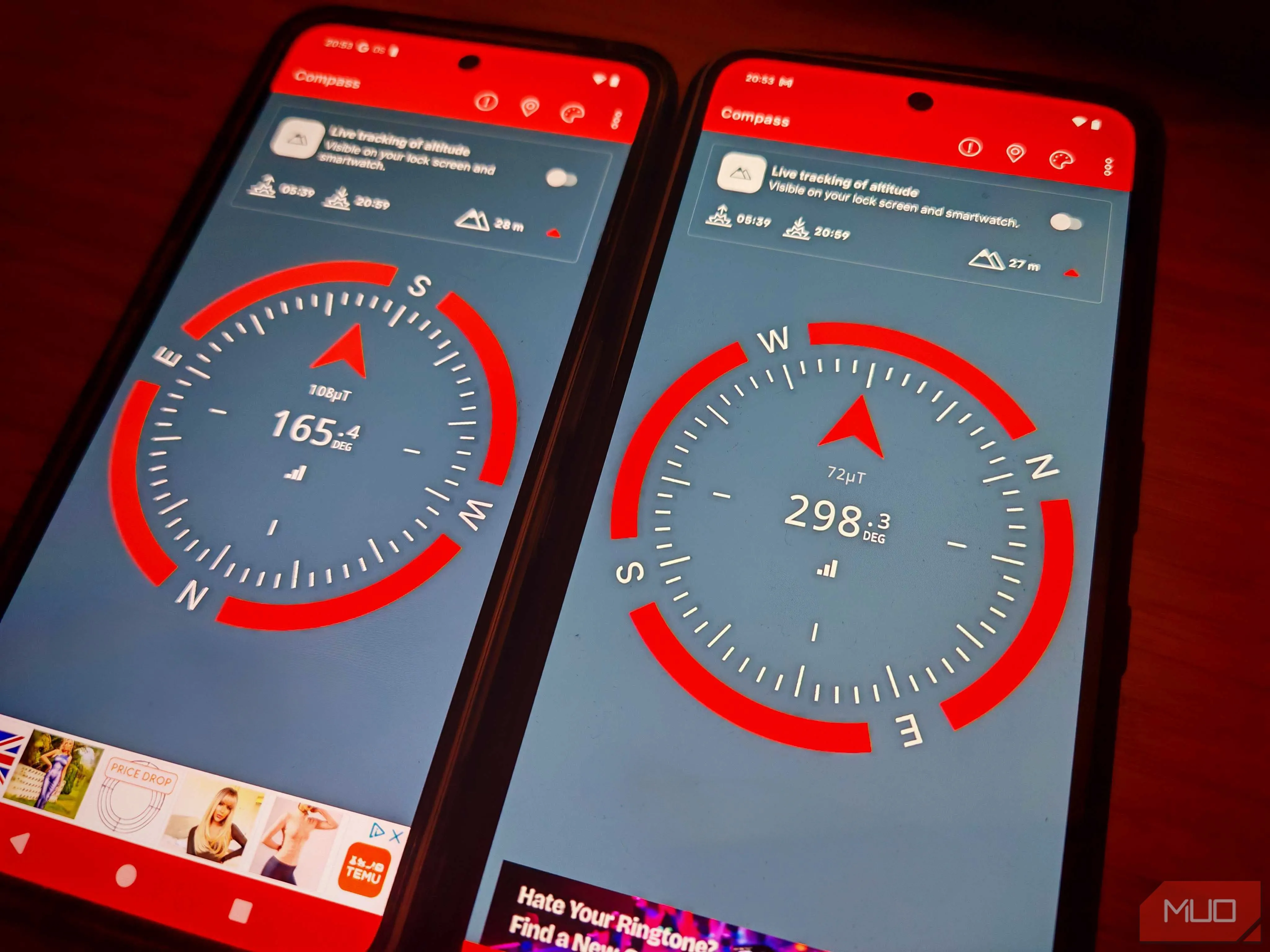 So sánh kết quả đo la bàn trên hai điện thoại Nothing Phone