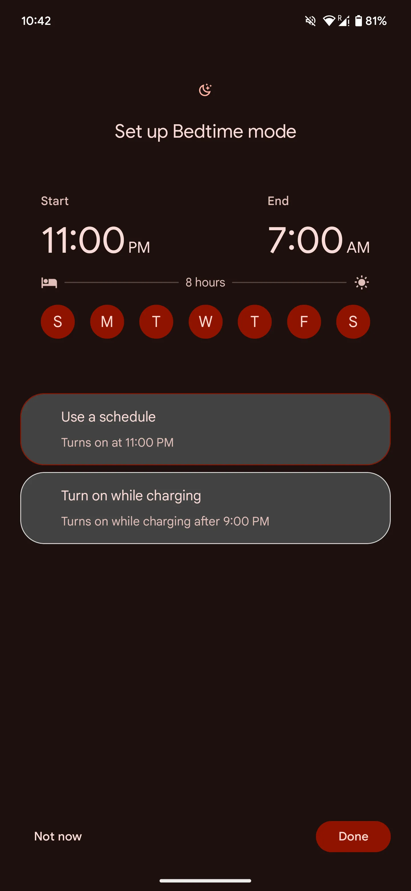 Thiết lập lịch trình và ngày áp dụng Chế độ Giờ đi ngủ (Bedtime Mode) trên thiết bị Android.