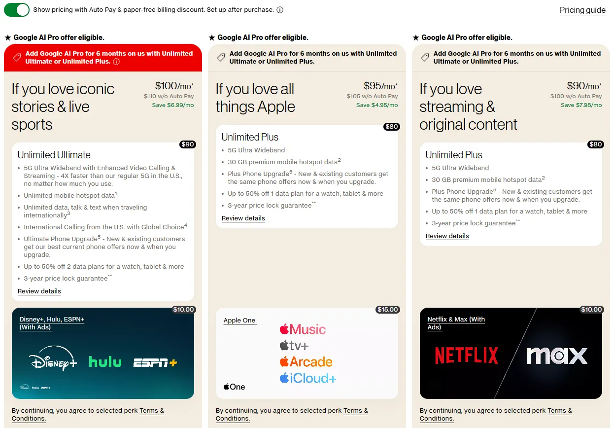 Trang web Verizon hiển thị các gói cước di động đắt tiền với tùy chọn &quot;không giới hạn&quot;