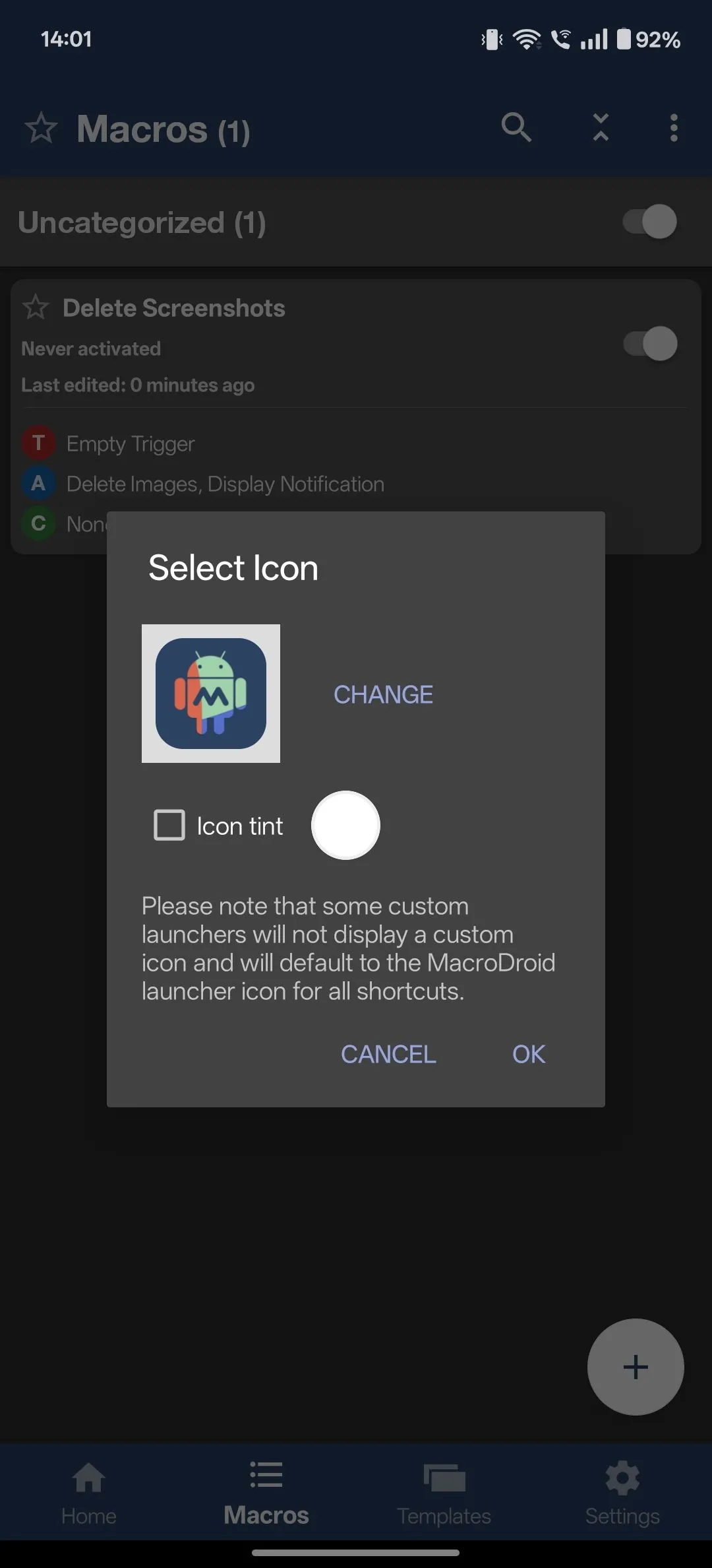 Tùy chọn tạo lối tắt macro MacroDroid ra màn hình chính điện thoại Android.