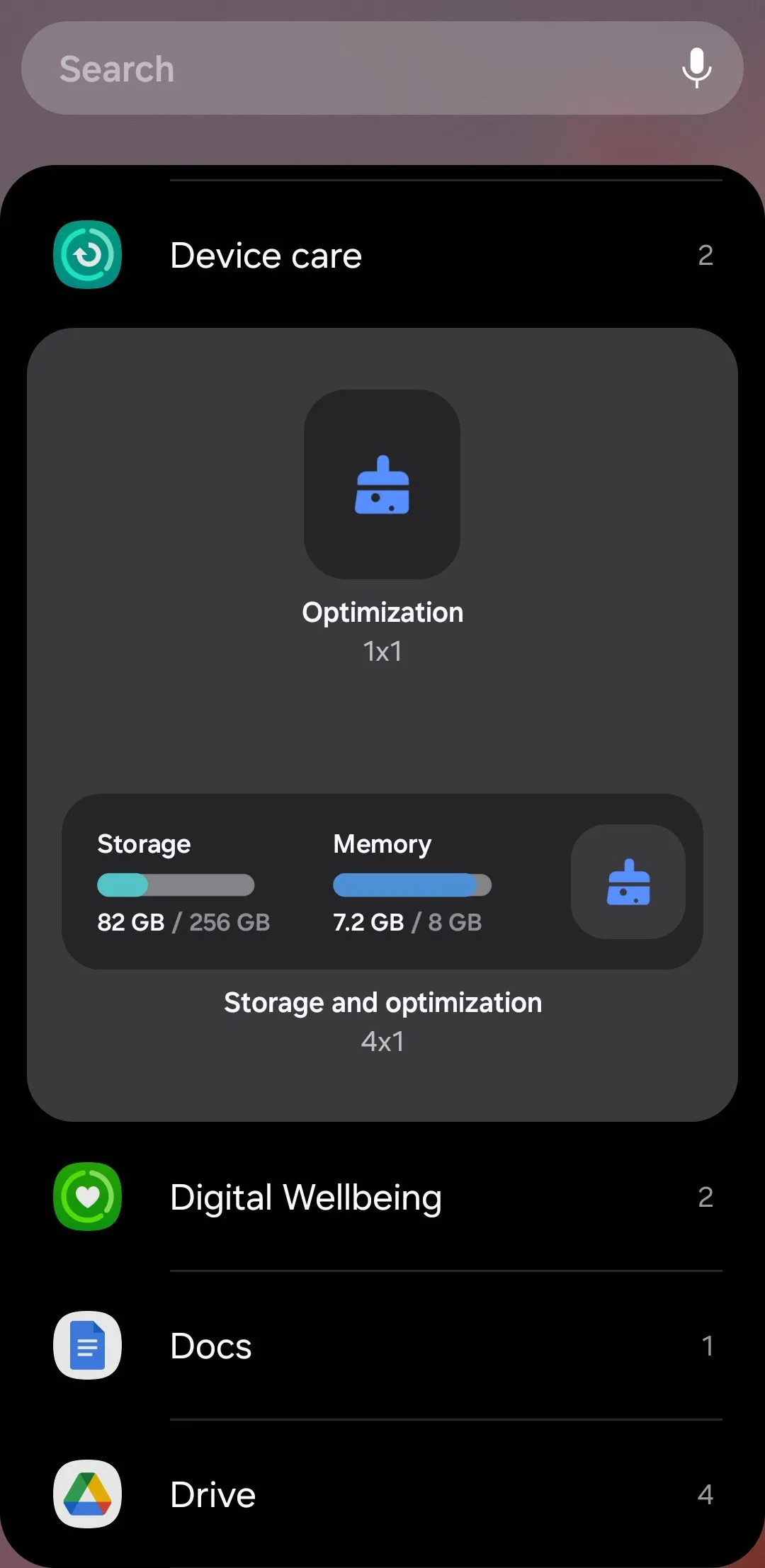 Tùy chọn widget Device Care trên Android giúp quản lý bộ nhớ và tối ưu hóa hiệu suất thiết bị