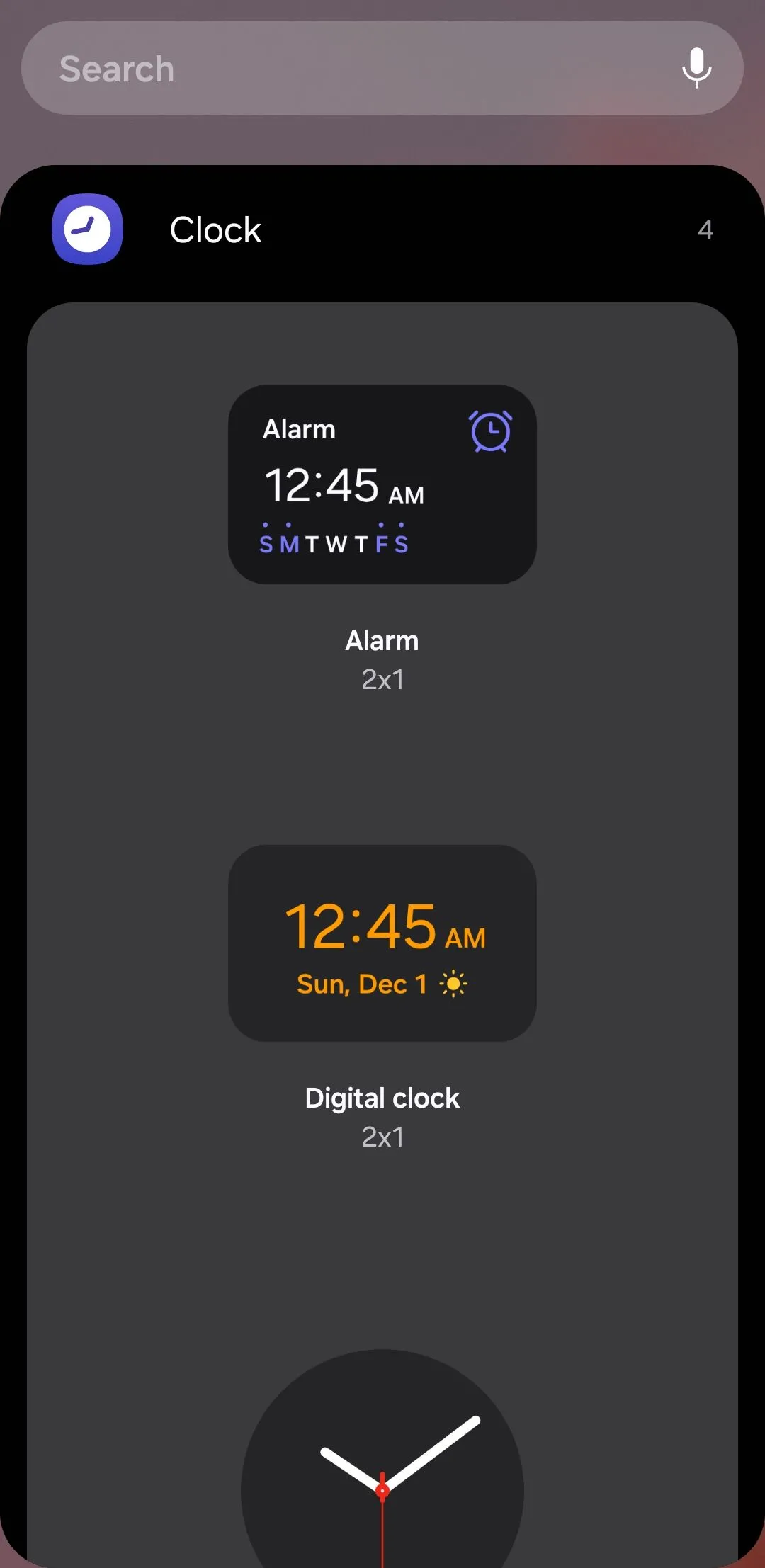 Tùy chọn widget đồng hồ trên điện thoại Samsung hiển thị giờ, ngày và báo thức