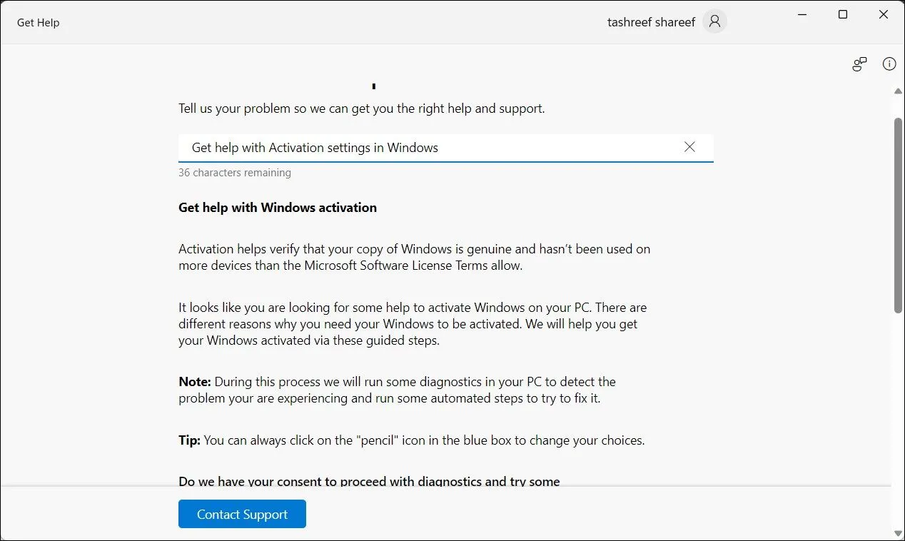 Ứng dụng Nhận trợ giúp (Get Help) của Windows 11 với tùy chọn liên hệ hỗ trợ